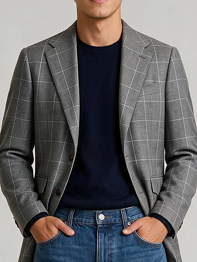 Grey Windowpane S110 Wool Sports, collar detail