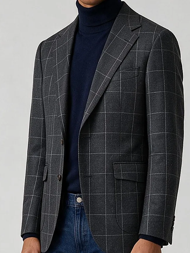 Charcoal Windowpane S110 Wool Sports, collar detail