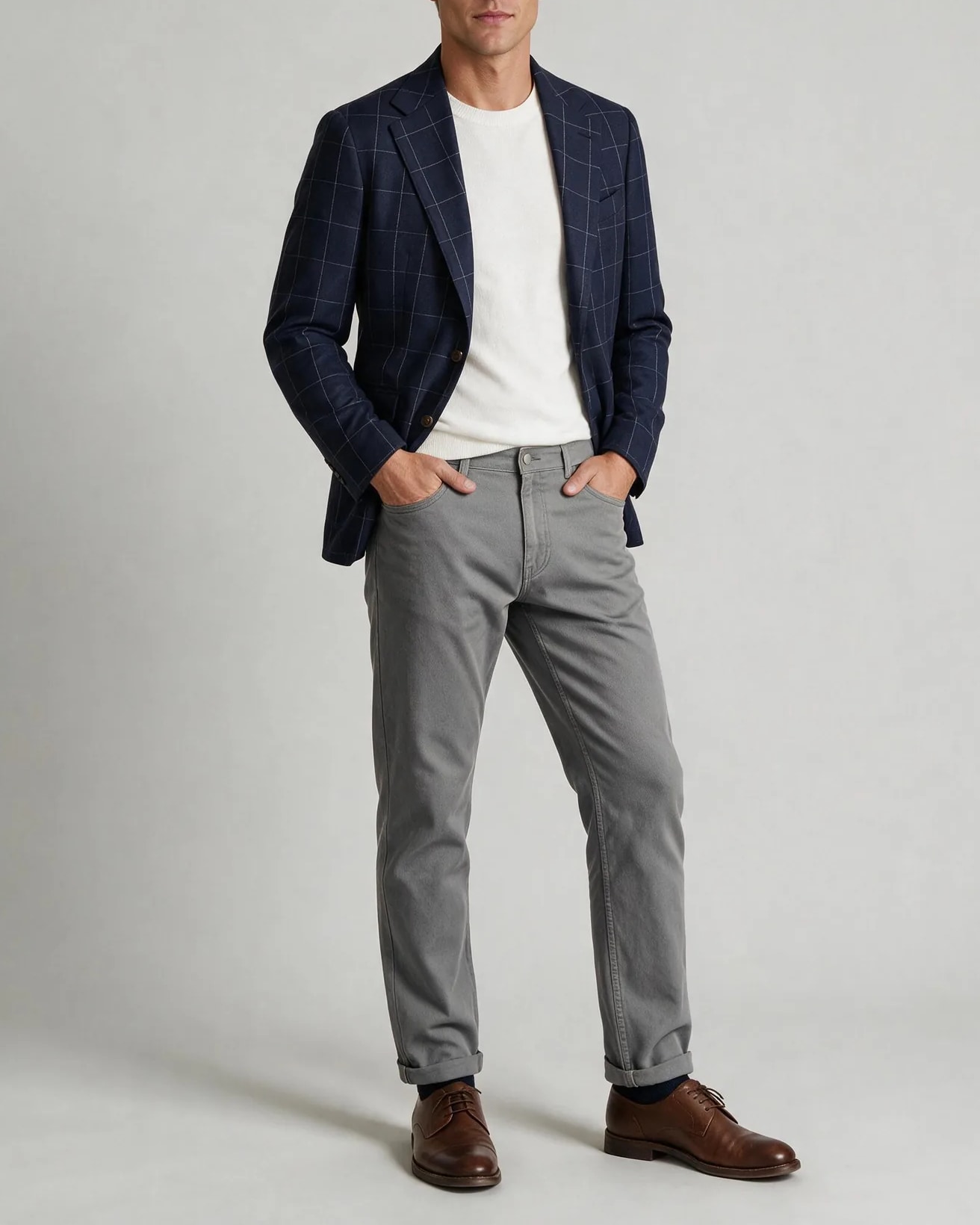Marineblå windowpane Super 110s blazer, på model