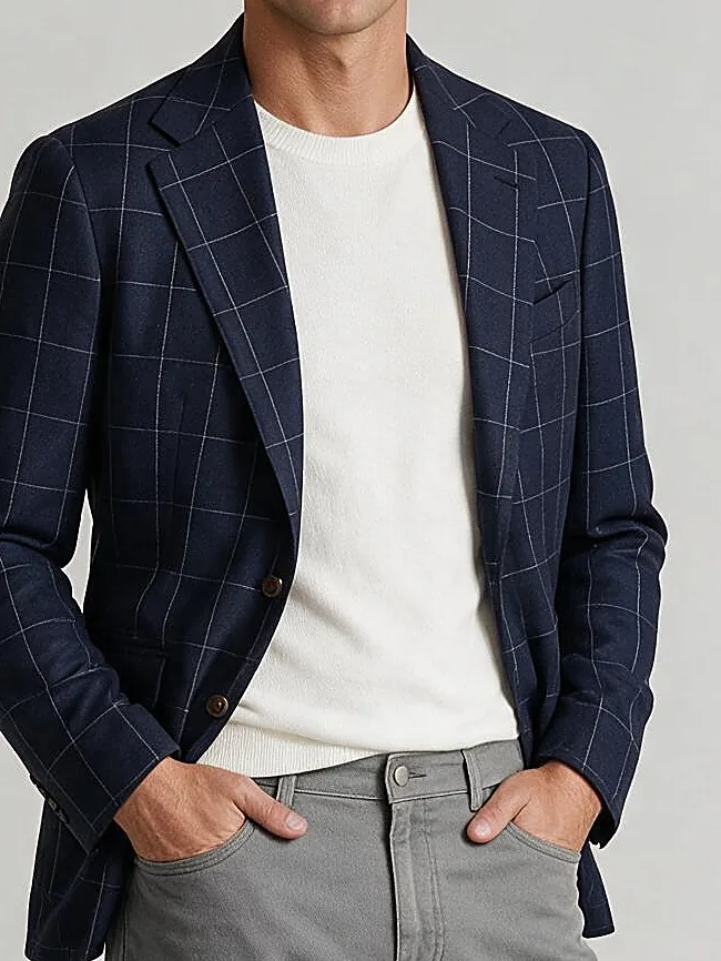 Navy Windowpane S110 Wool Sports, collar detail