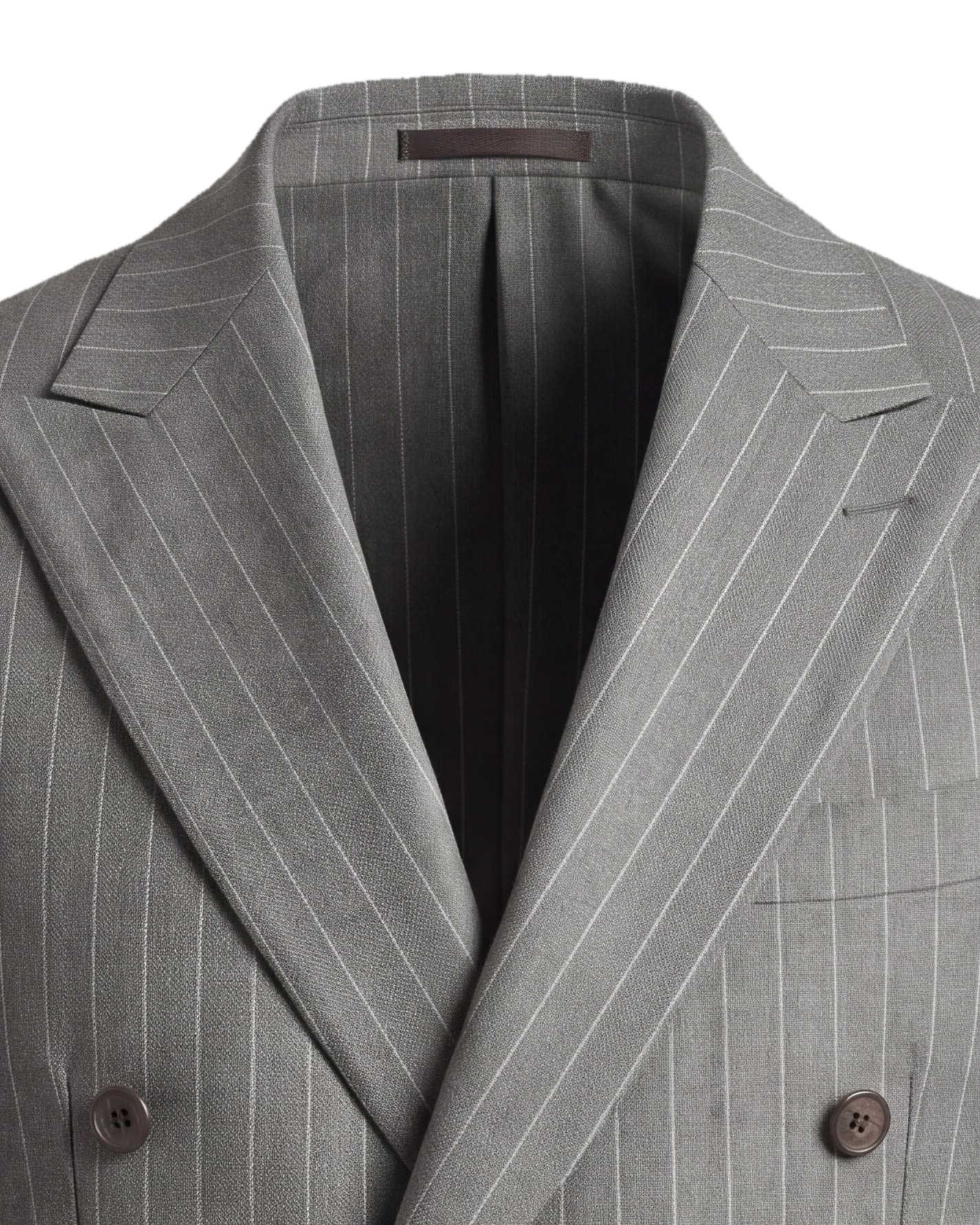 Grey Pinstripe Double-Breasted S110 Wool Jacket, collar detail