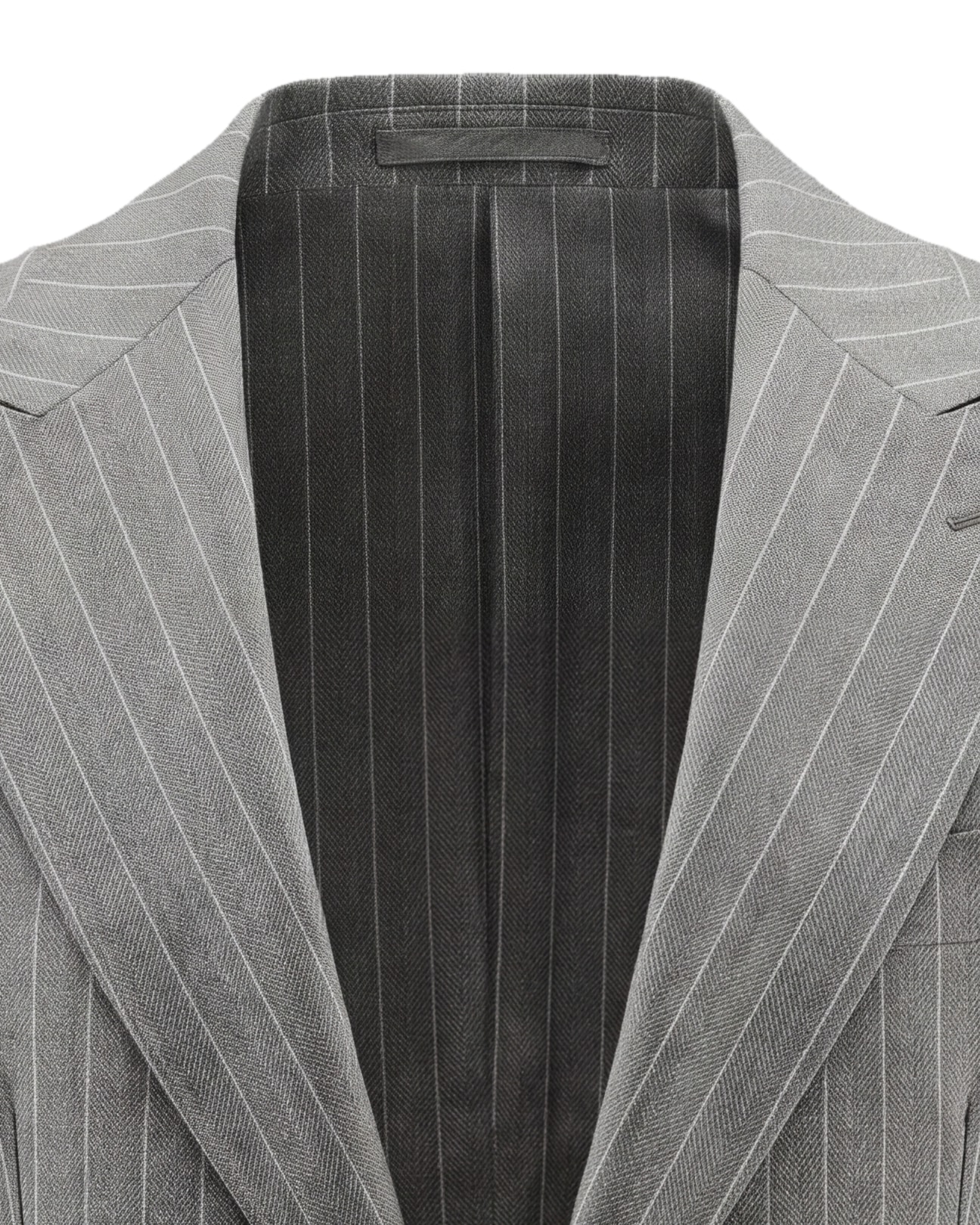 Grey Pinstripe Super 110s Wool Jacket, collar detail