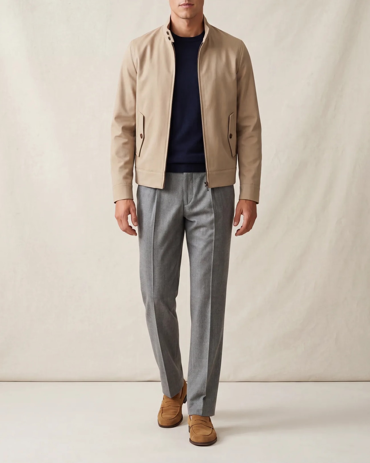 Beige Harrington Jacket, on model