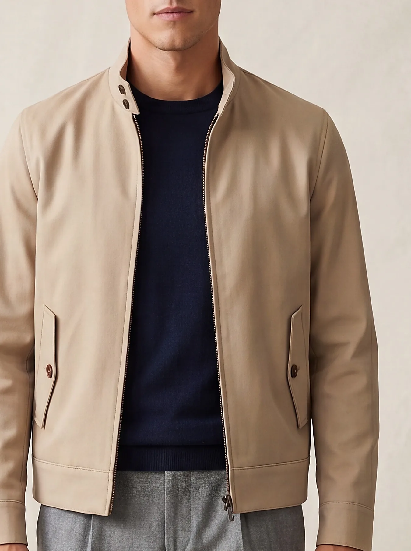 Beige Harrington Jacket, collar detail