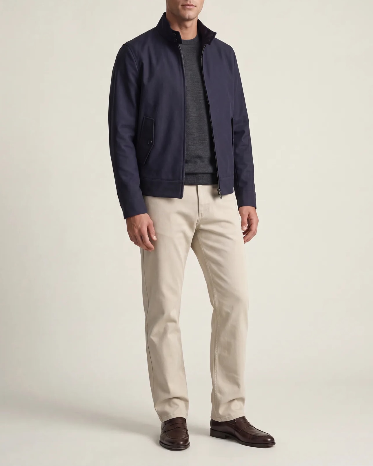 Navy Harrington Jacket, on model