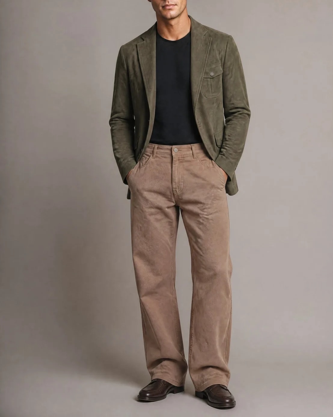 Olive Green Suede Jacket, on model
