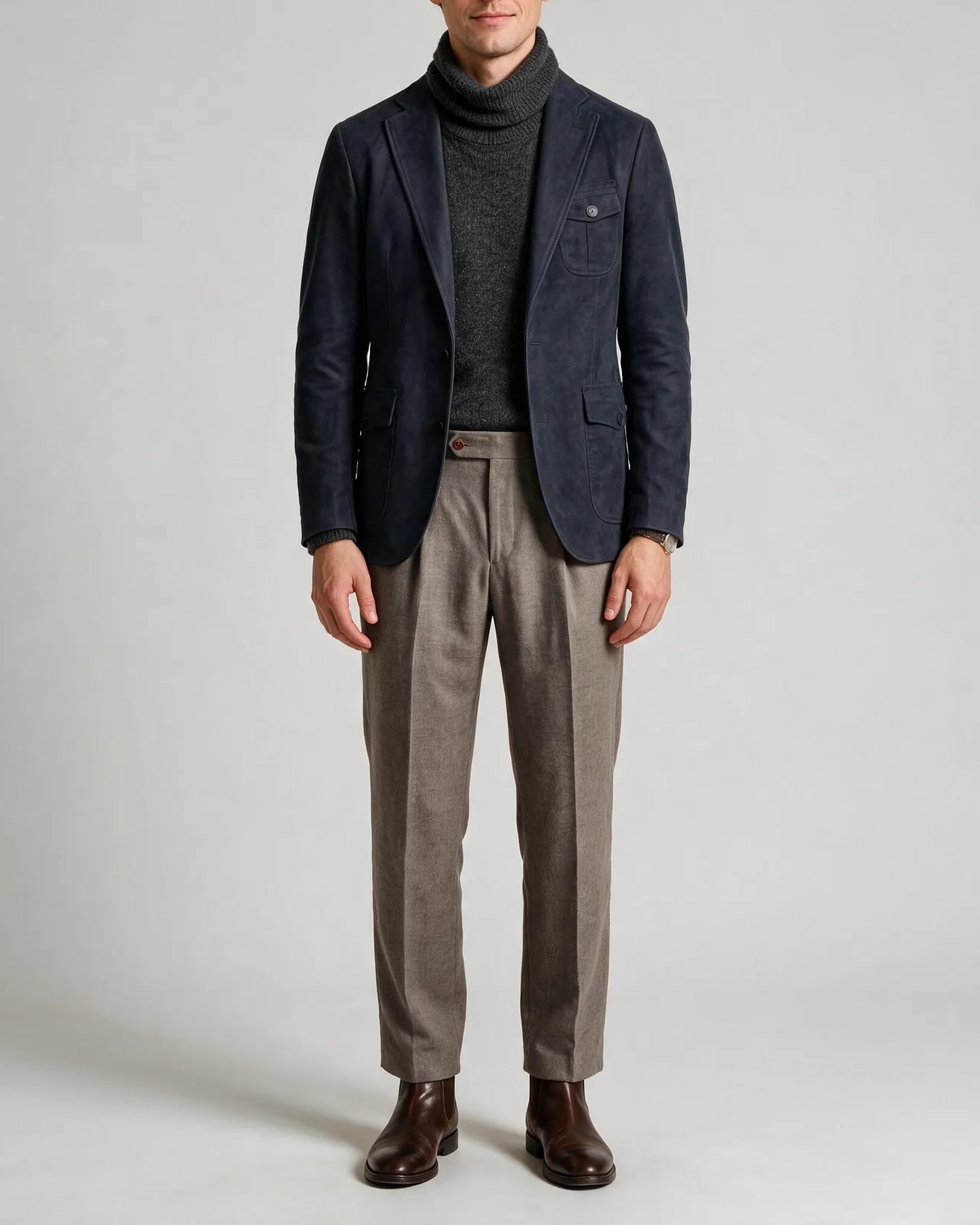 Sleek Navy Suede Jacket, on model