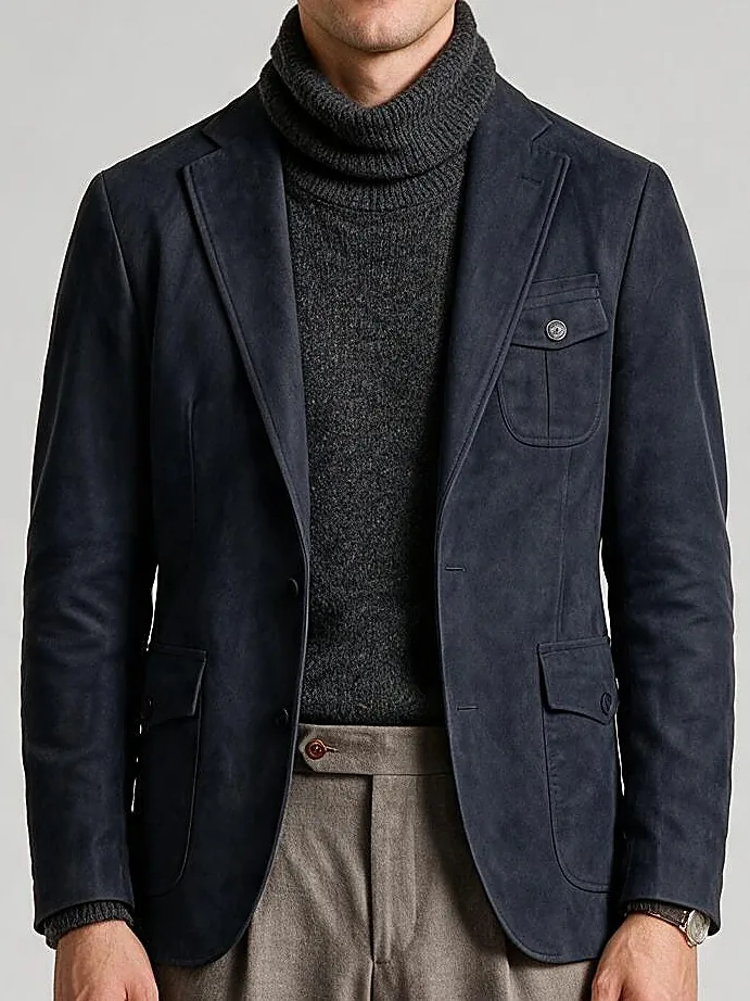 Sleek Navy Suede Jacket, collar detail