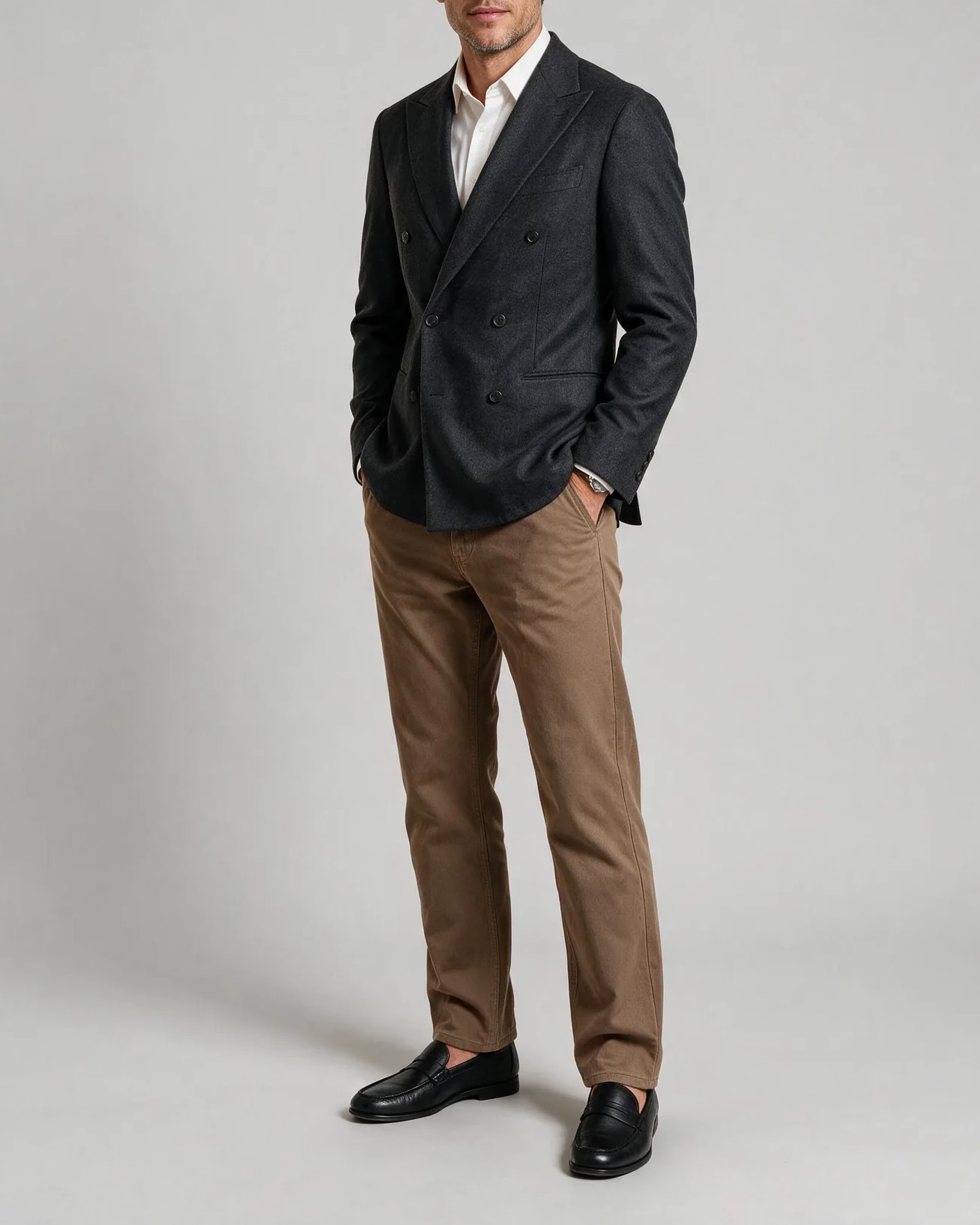 Charcoal Grey Double-Breasted Jacket in English Wool, on model
