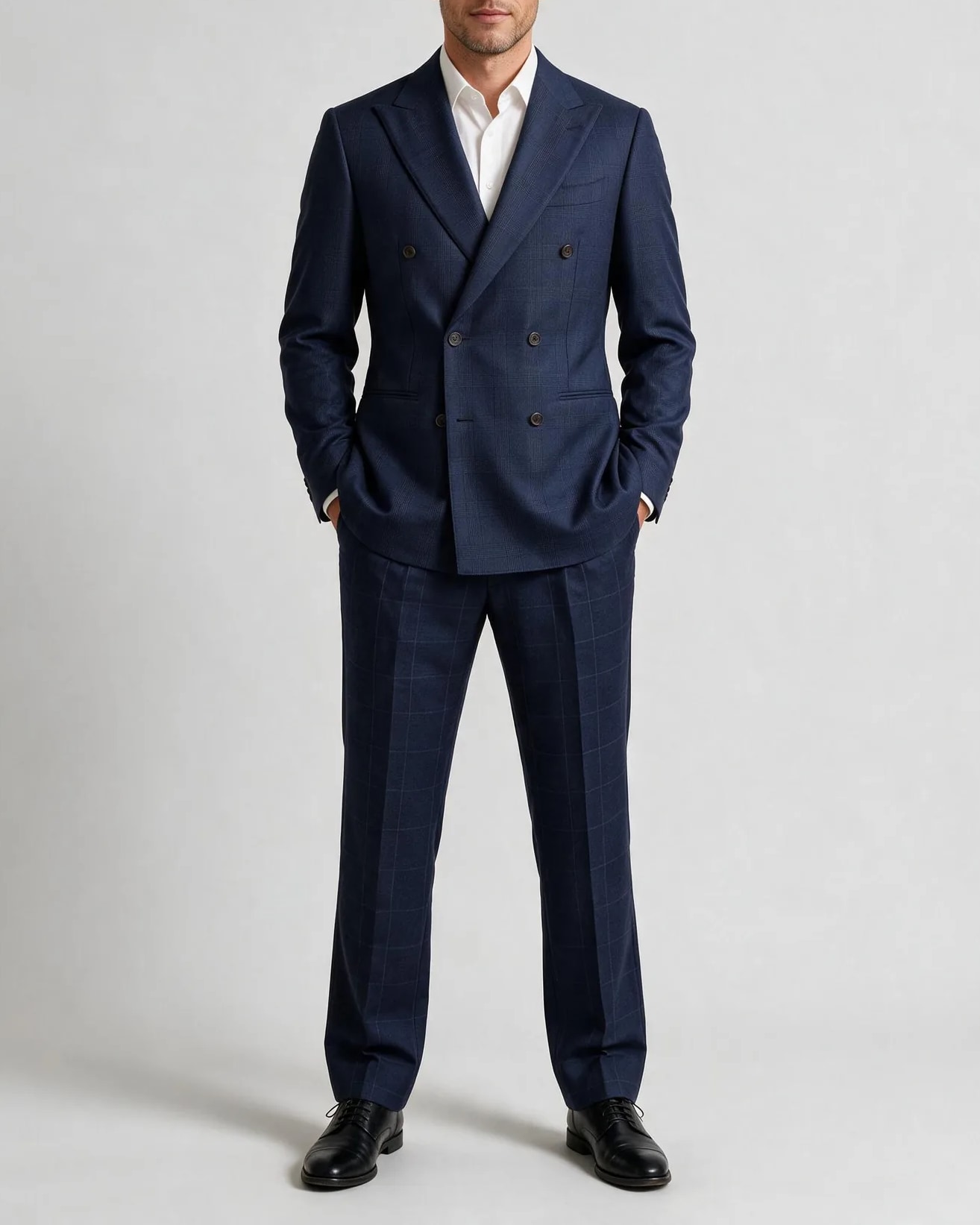 Dark Navy Double-Breasted Super 130s Jacket, on model