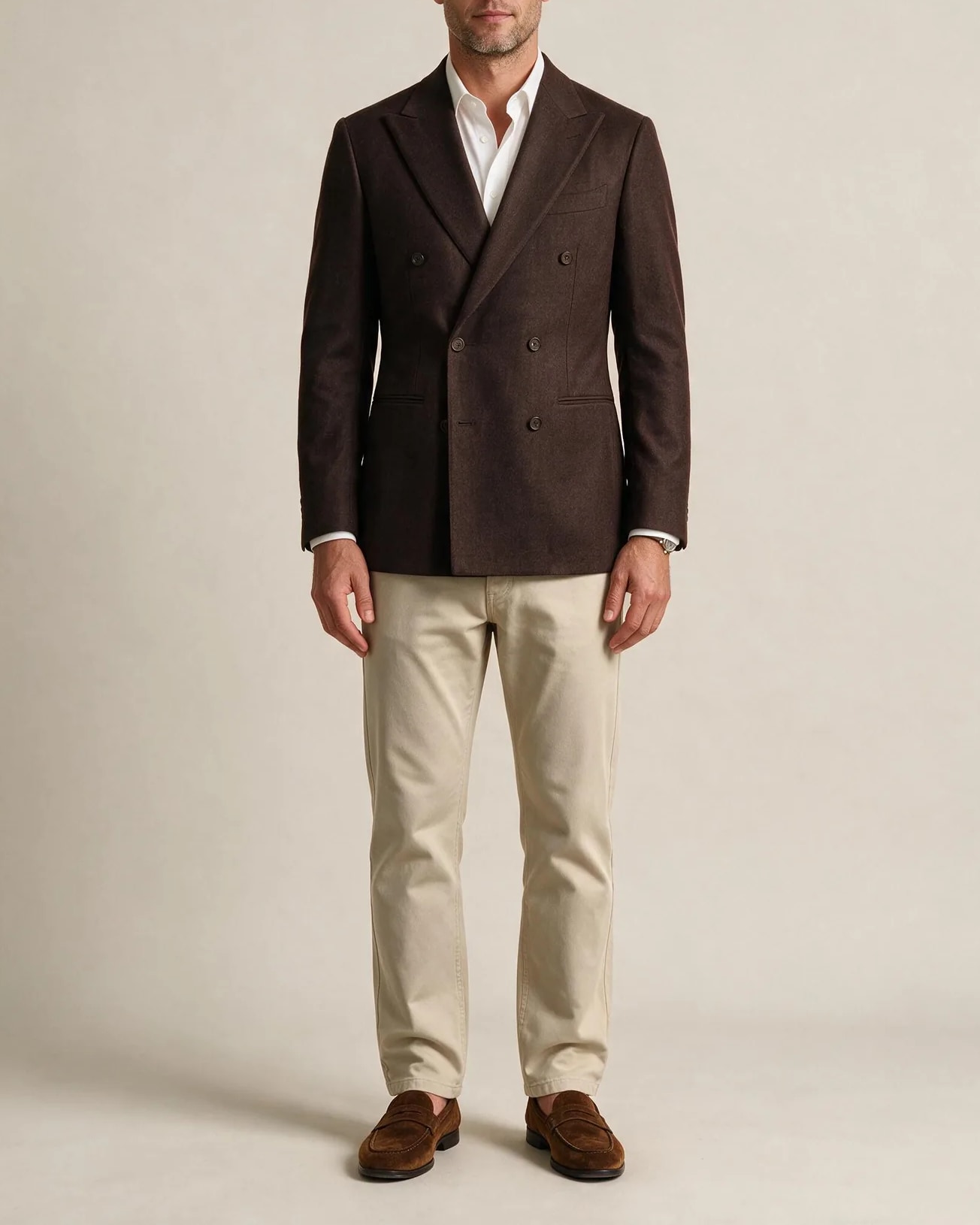 Chestnut Brown Double-Breasted Jacket, on model