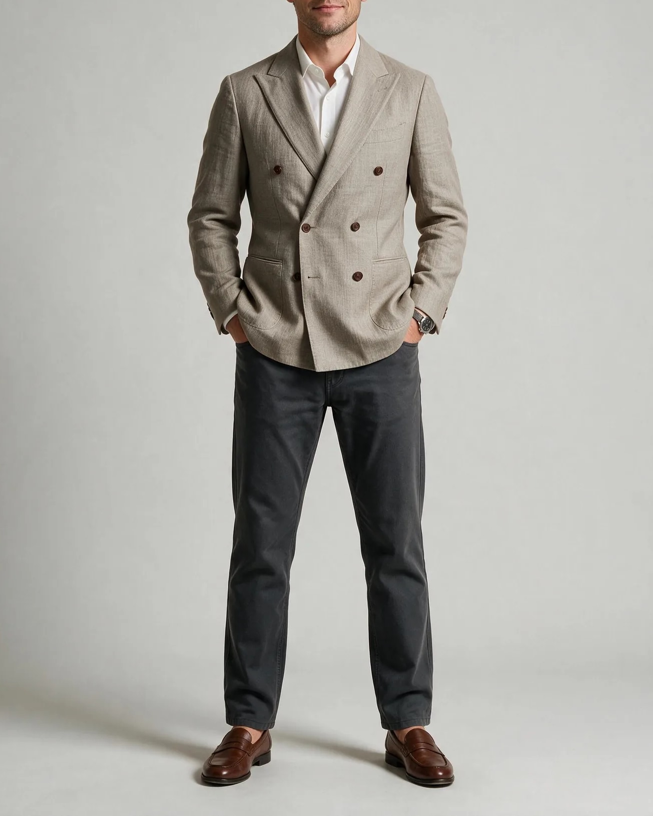 Grey-Beige Double-Breasted Jacket, on model