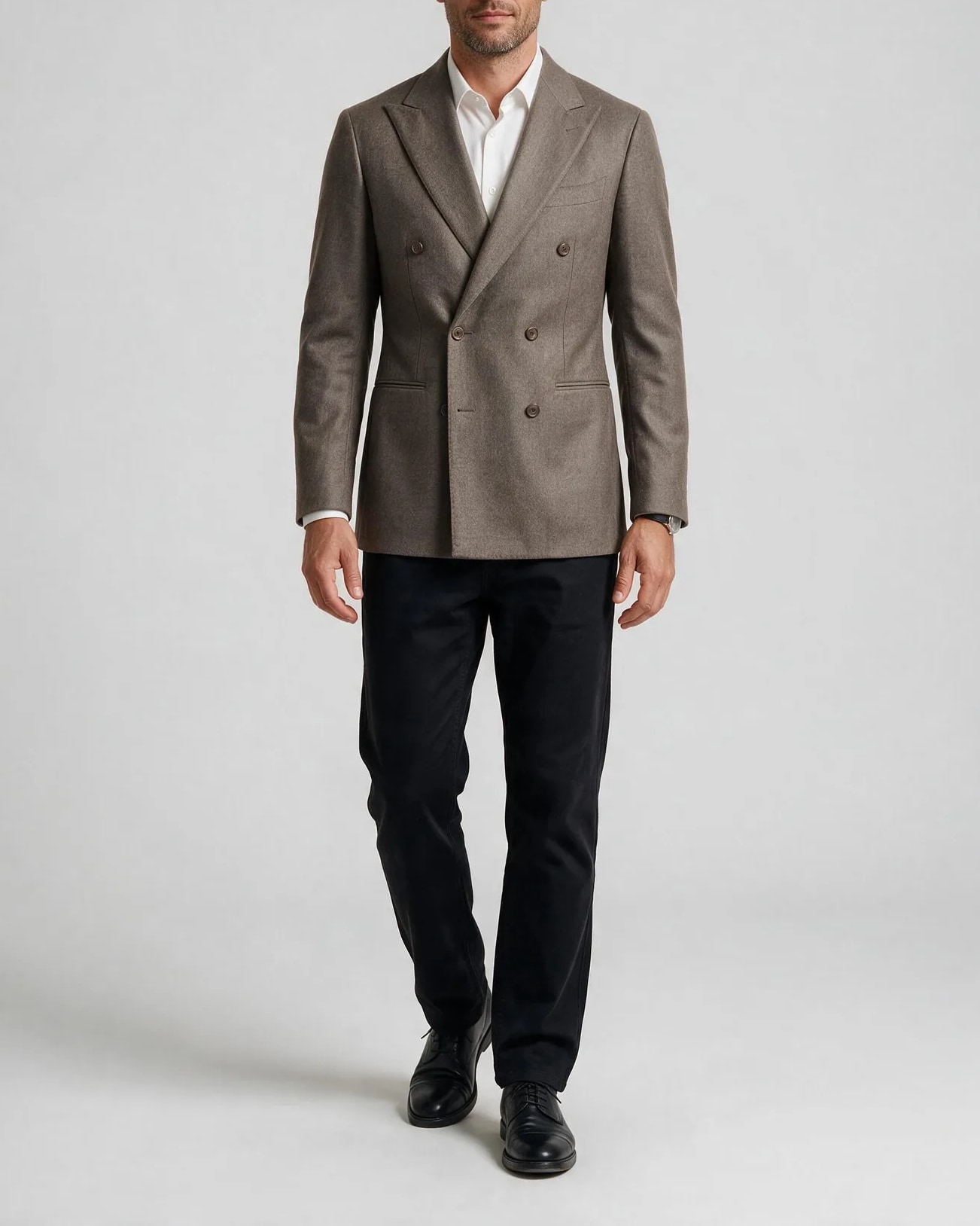 Grey-Brown Double-Breasted Super 120s Jacket, on model