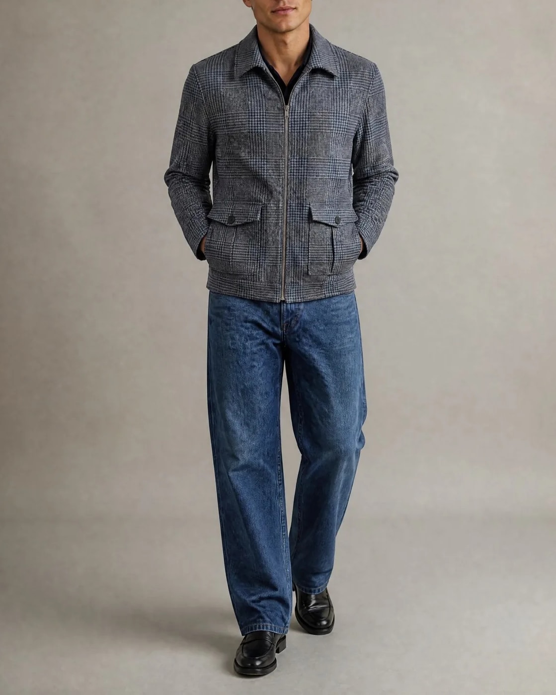 Mørkegrå Merino uld houndstooth Flight jacket, på model