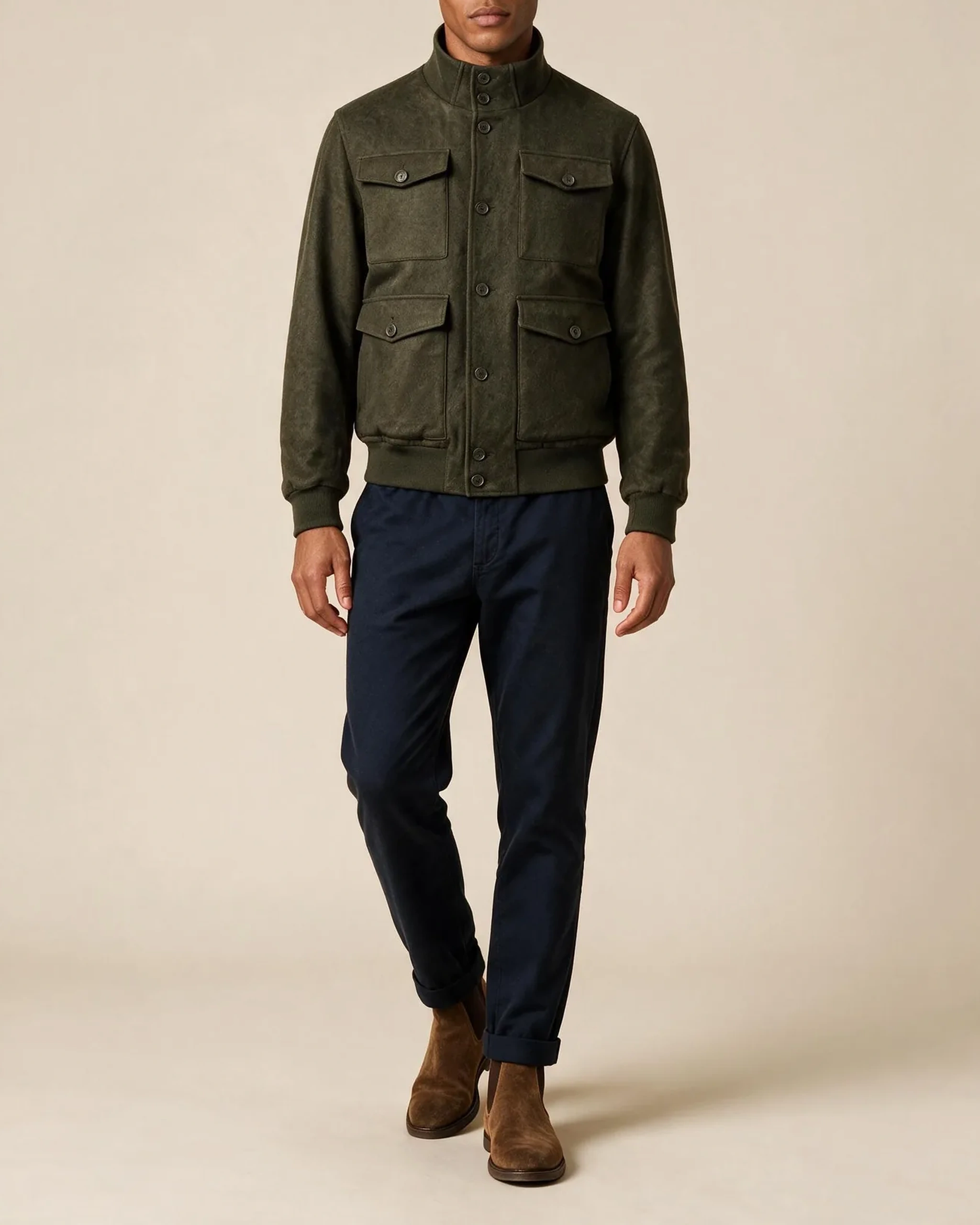 Dark Olive Bomber Jacket, on model