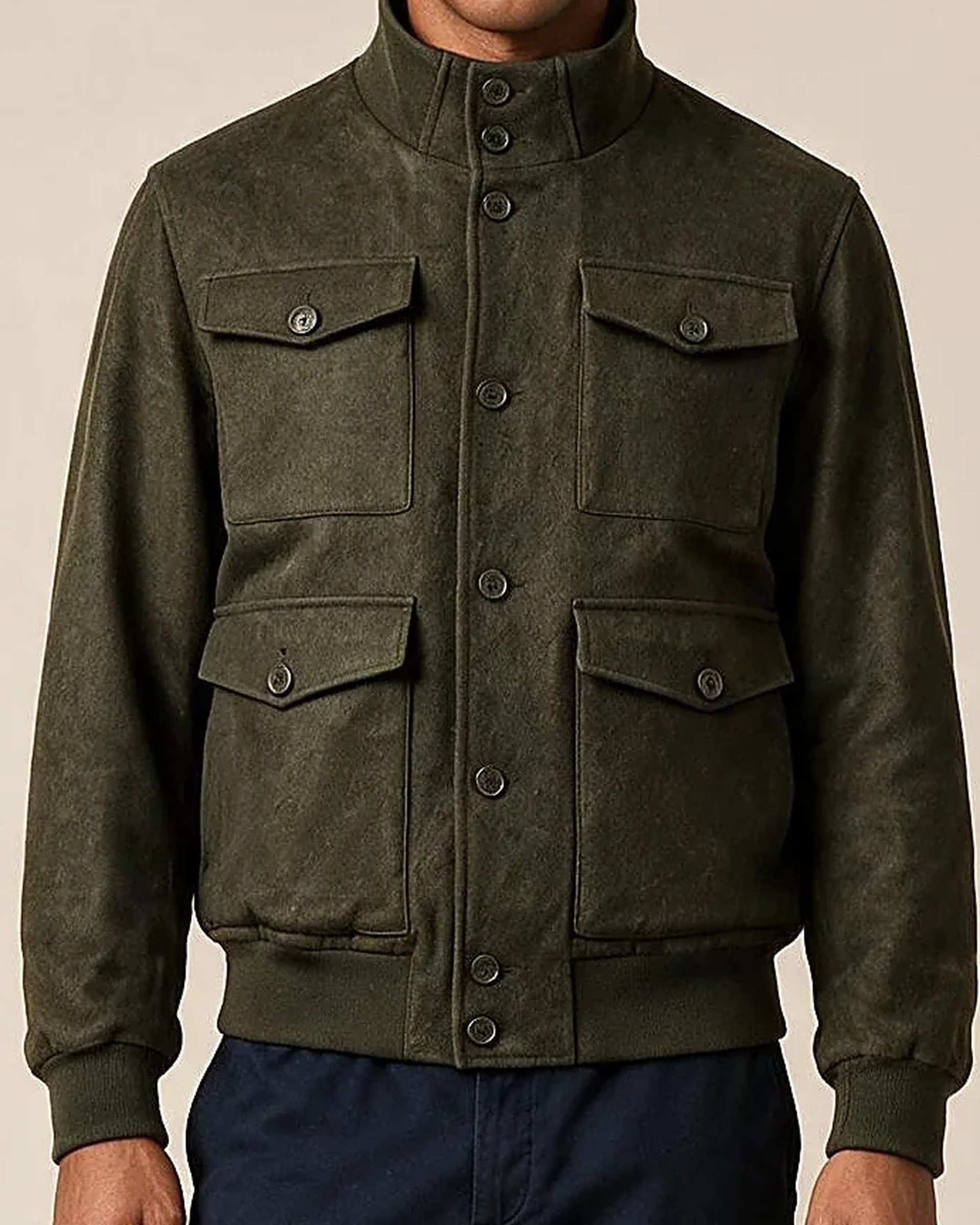 Dark Olive Bomber Jacket, collar detail