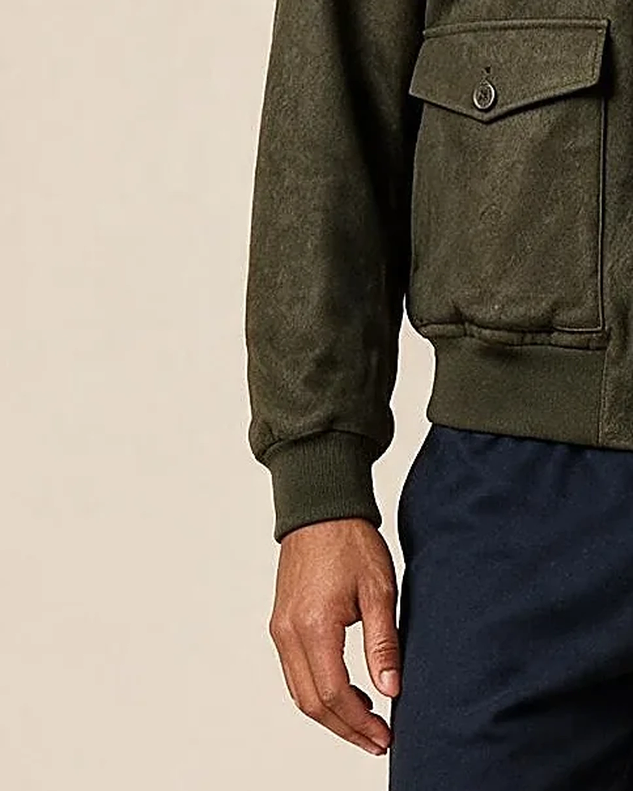Dark Olive Bomber Jacket, cuff detail