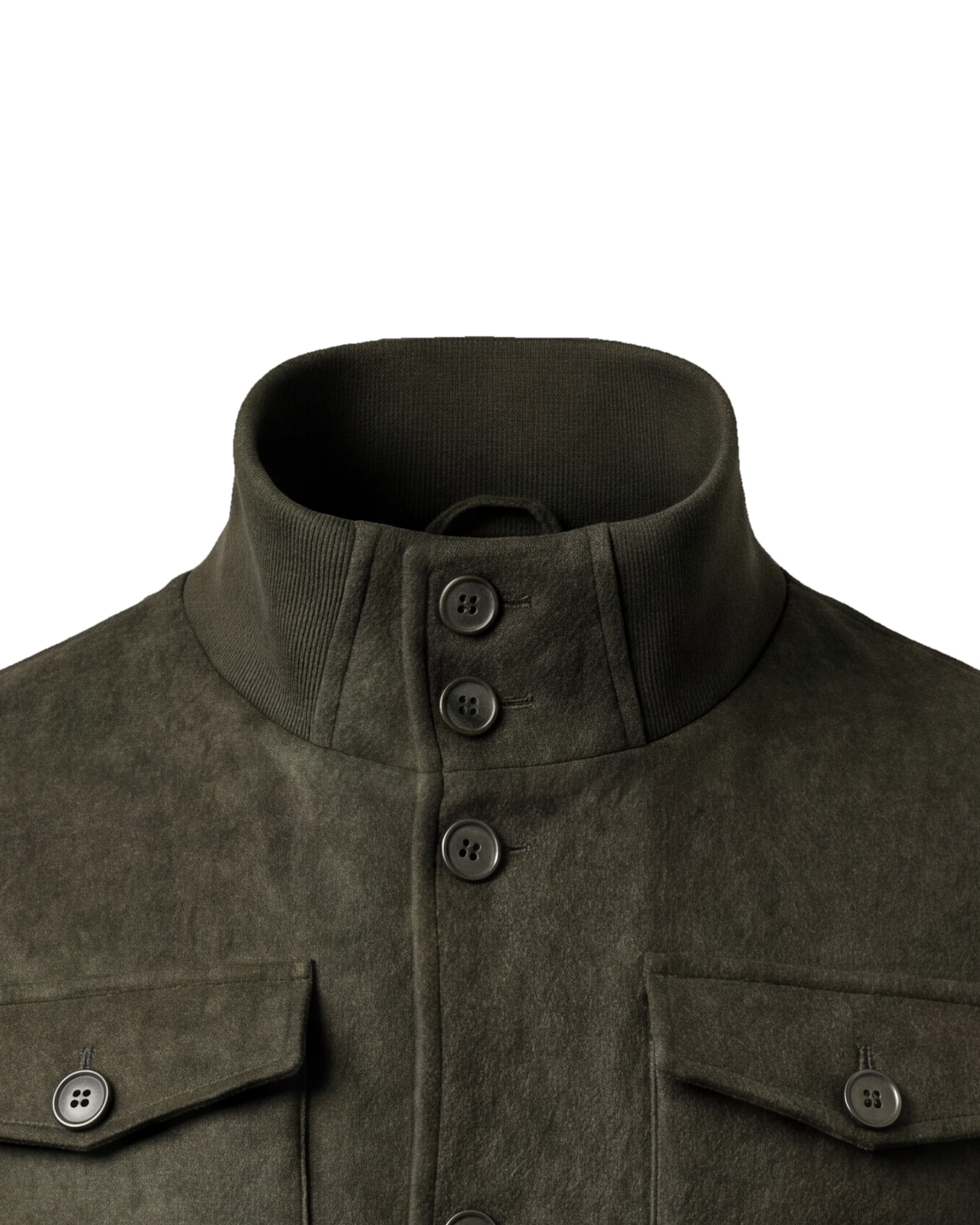Dark Olive Bomber Jacket, collar close-up