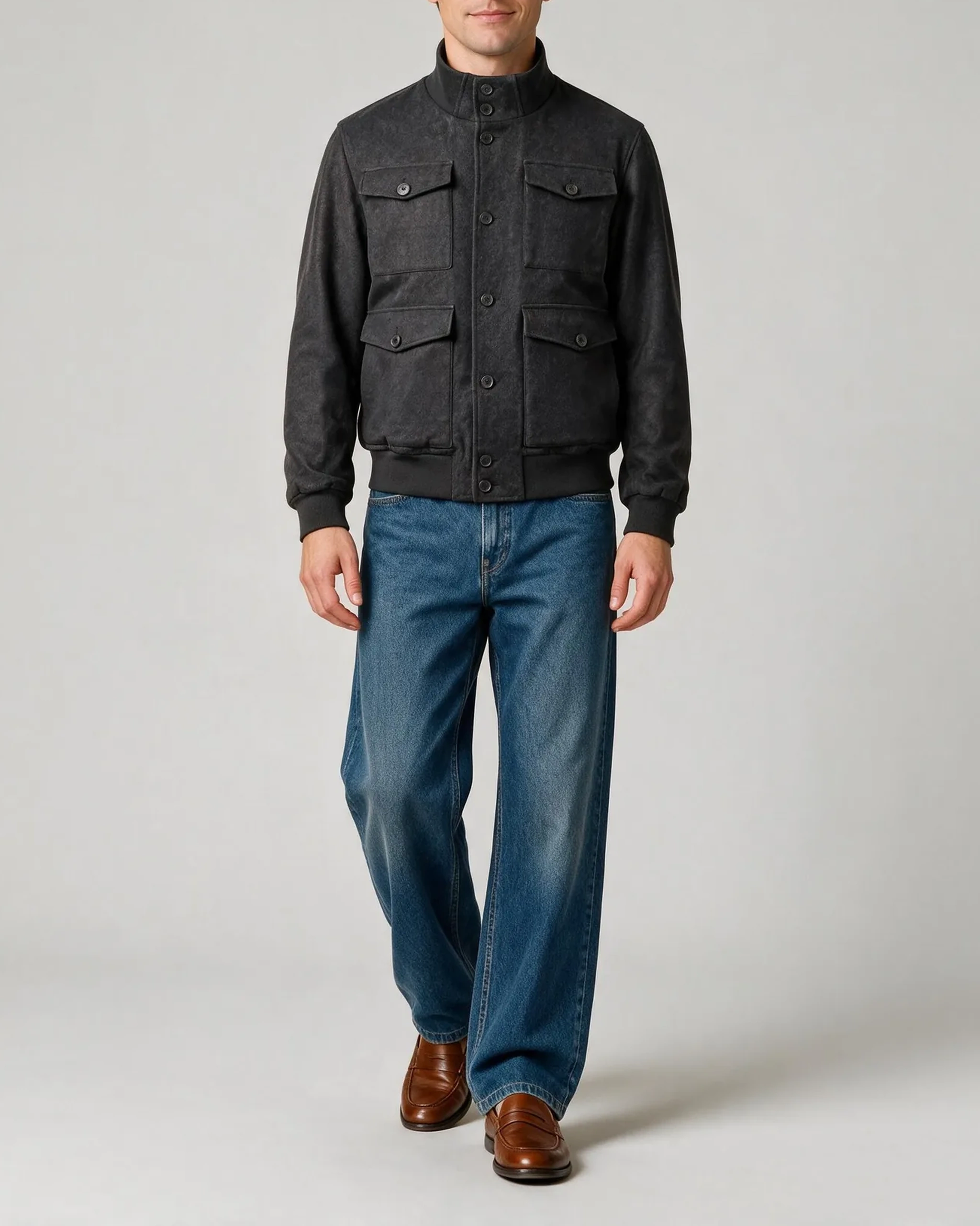 Charcoal Bomber Jacket, on model