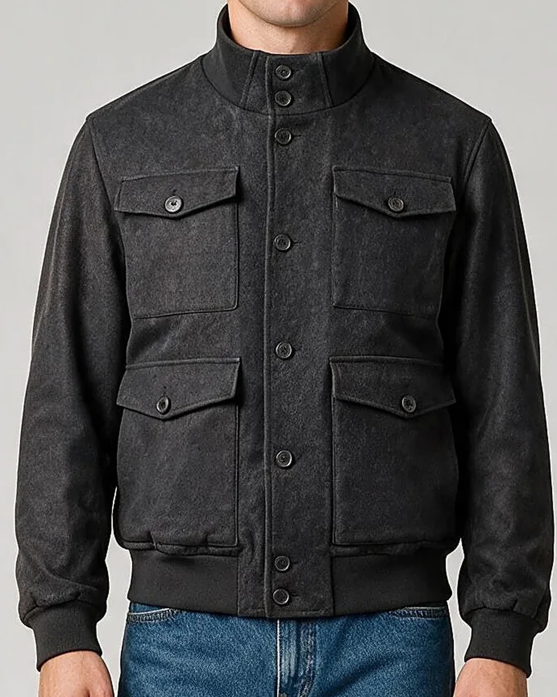 Koksgrå Bomber Jacket, detalje af kraven
