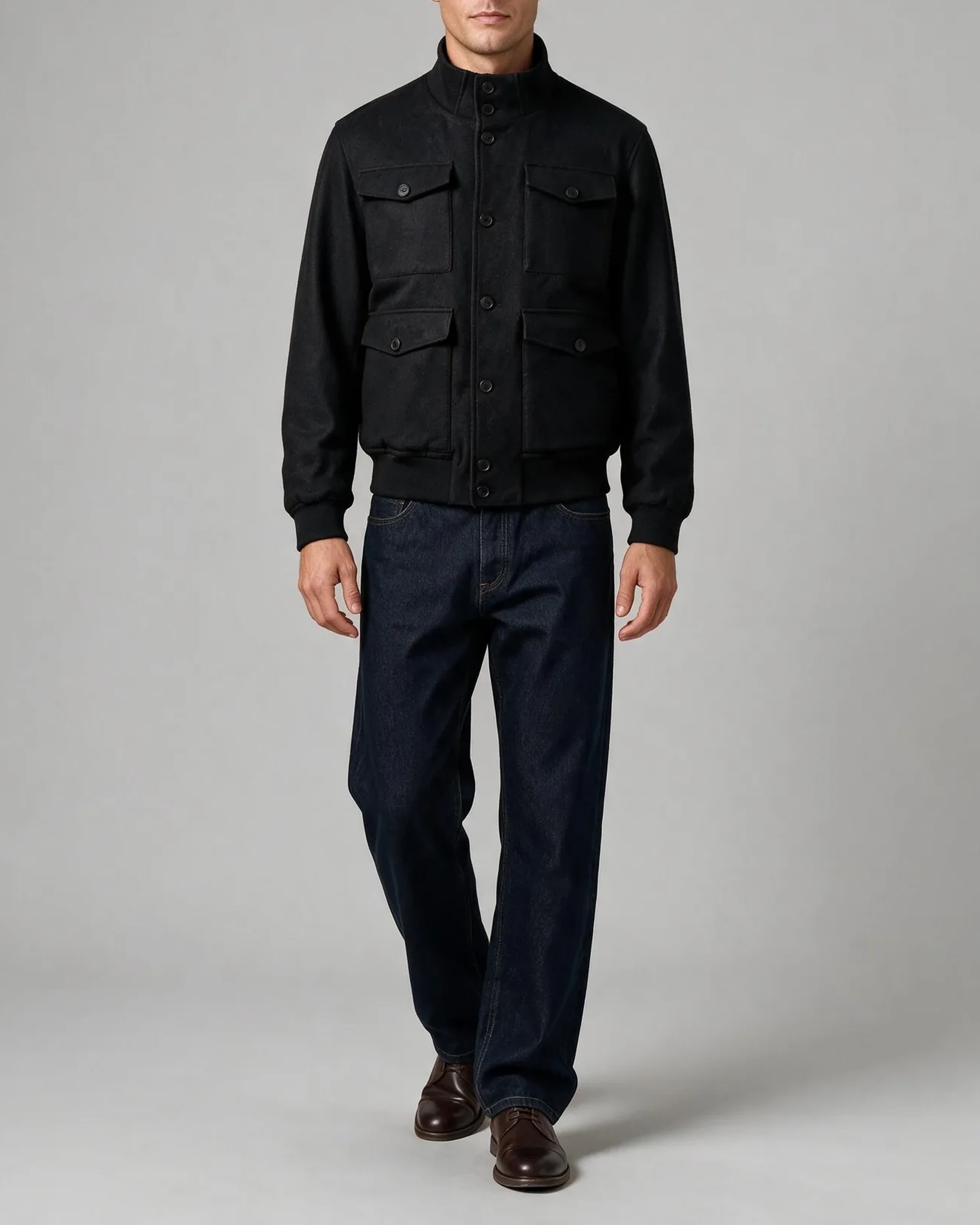 Black Bomber Jacket, on model