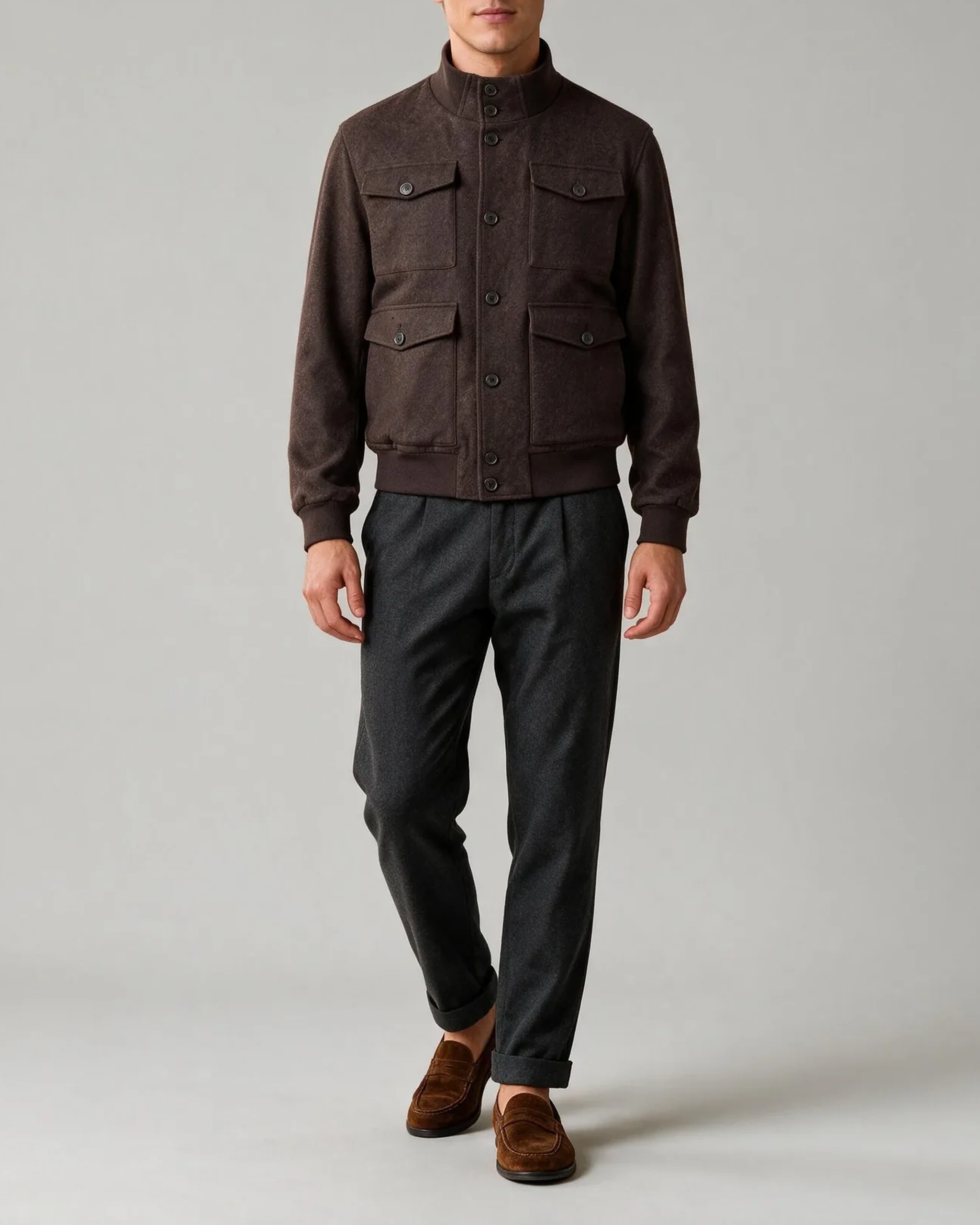 Dark Brown Bomber Jacket, on model