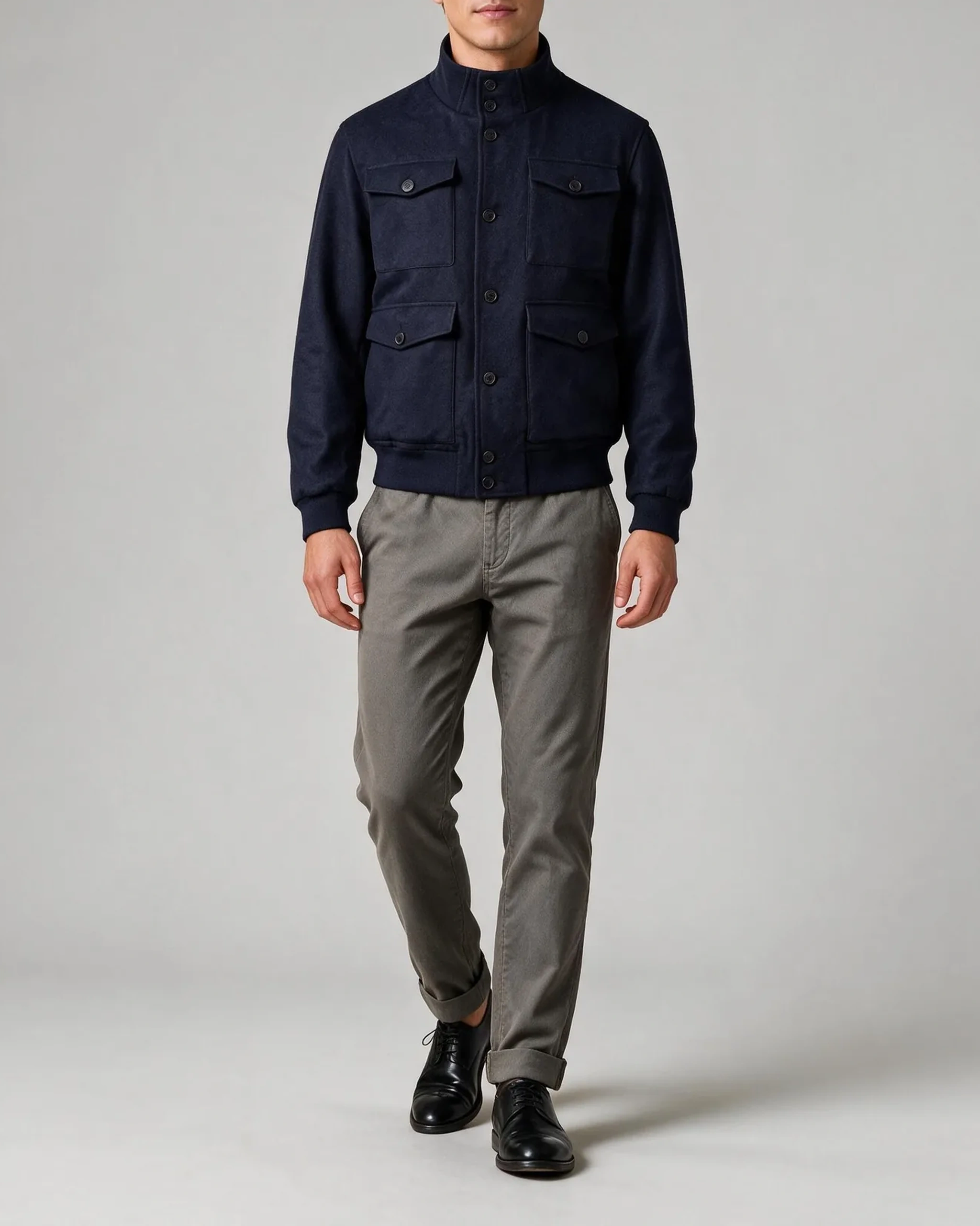 Navy Bomber Jacket, on model