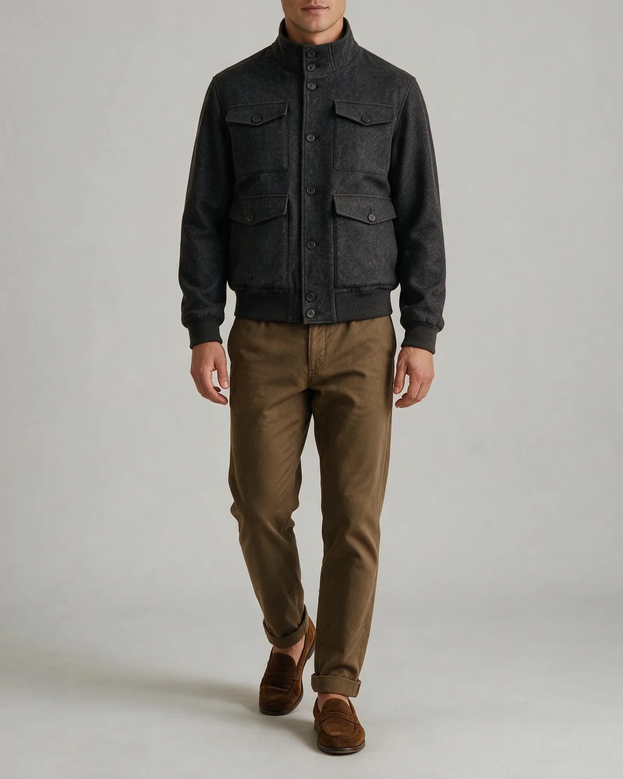 Charcoal Bomber Jacket in Merino wool, on model
