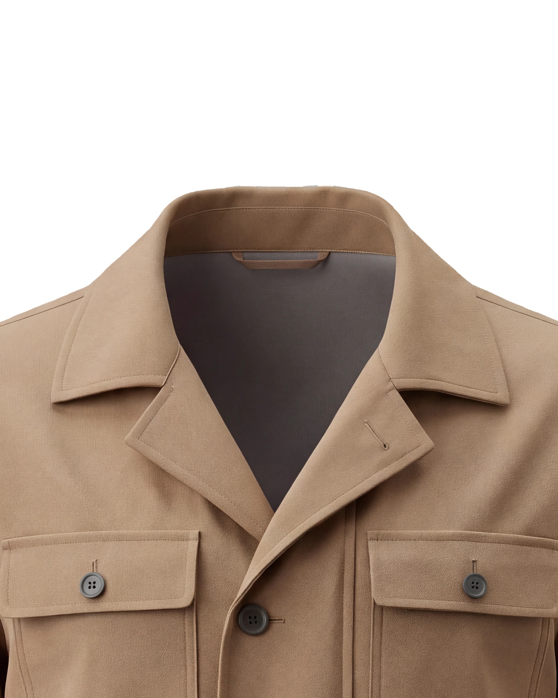 Camel Field Jacket AW26, collar close-up