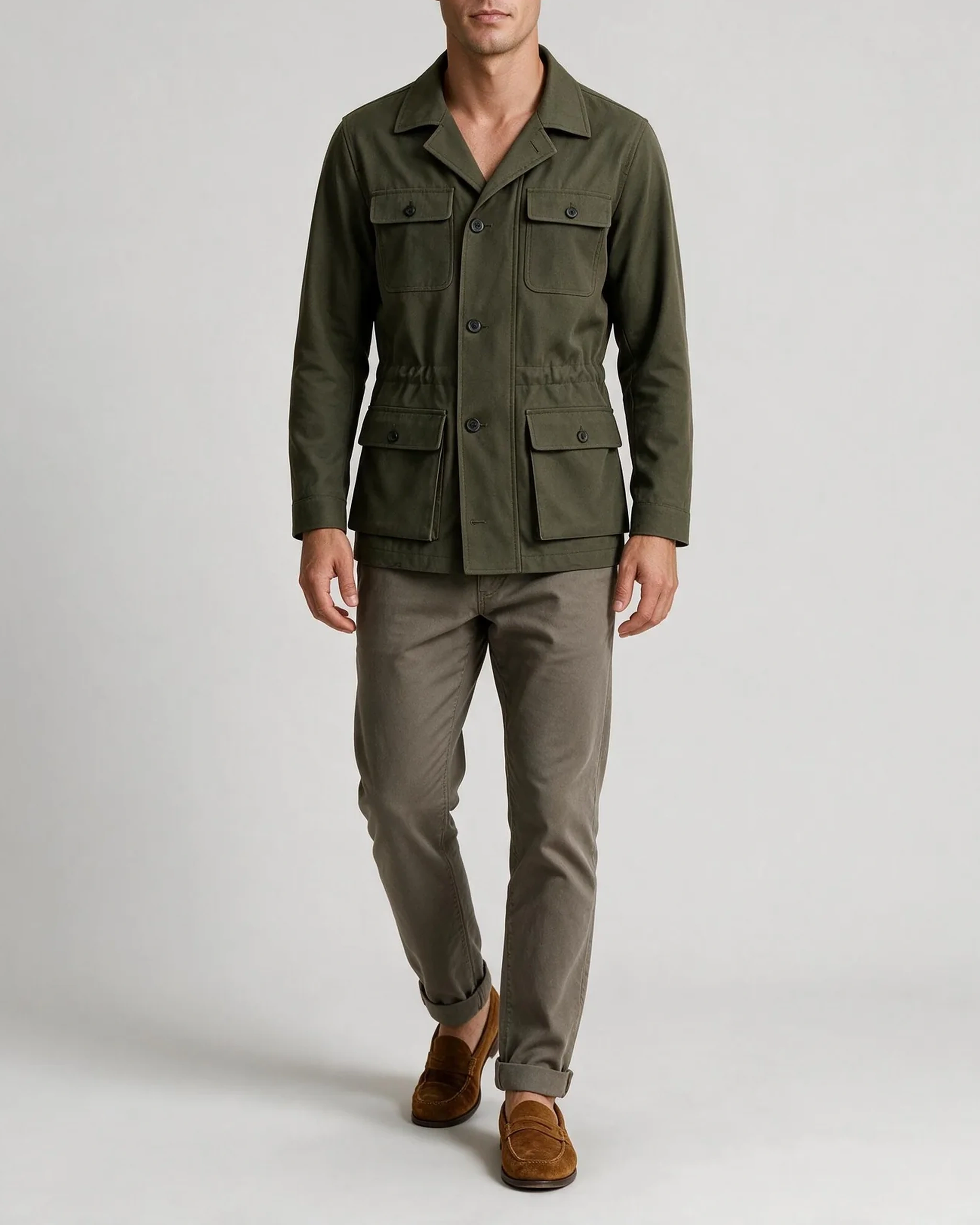 Dark Olive Field Jacket AW26, on model