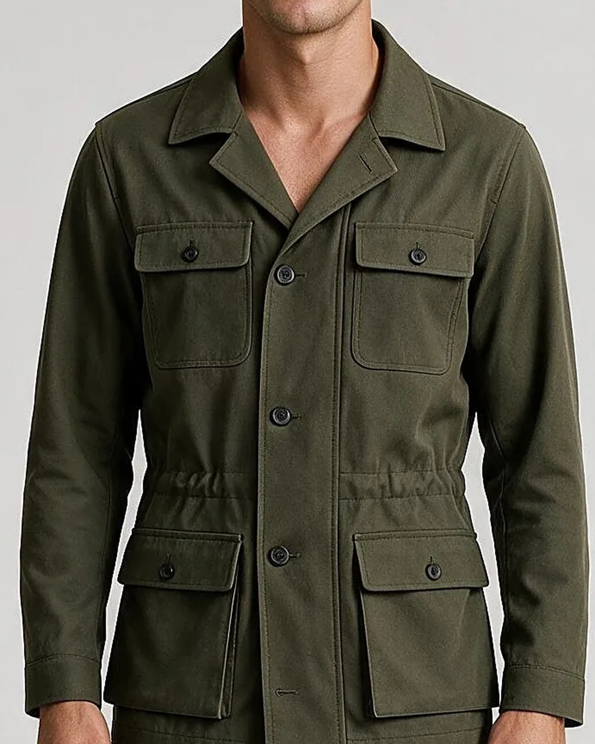 Mørk oliven Field jacket AW26, detalje af kraven