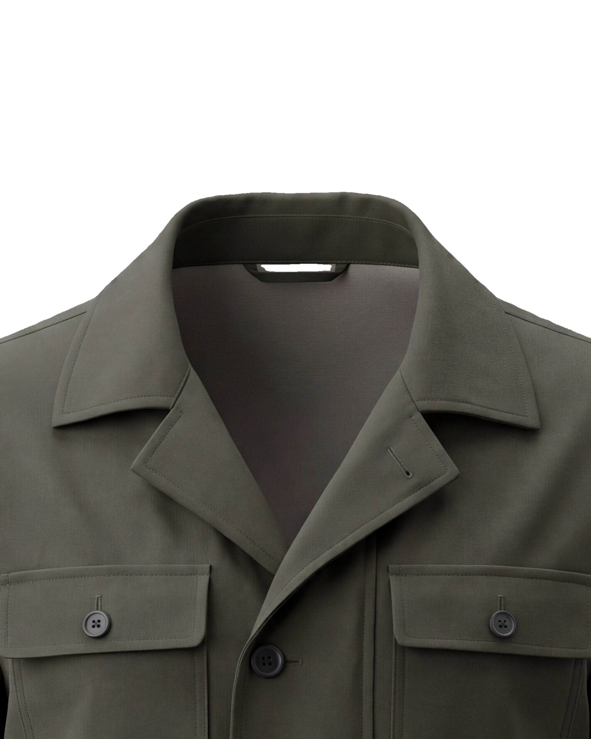 Mørk oliven Field jacket AW26, nærbillede af kraven