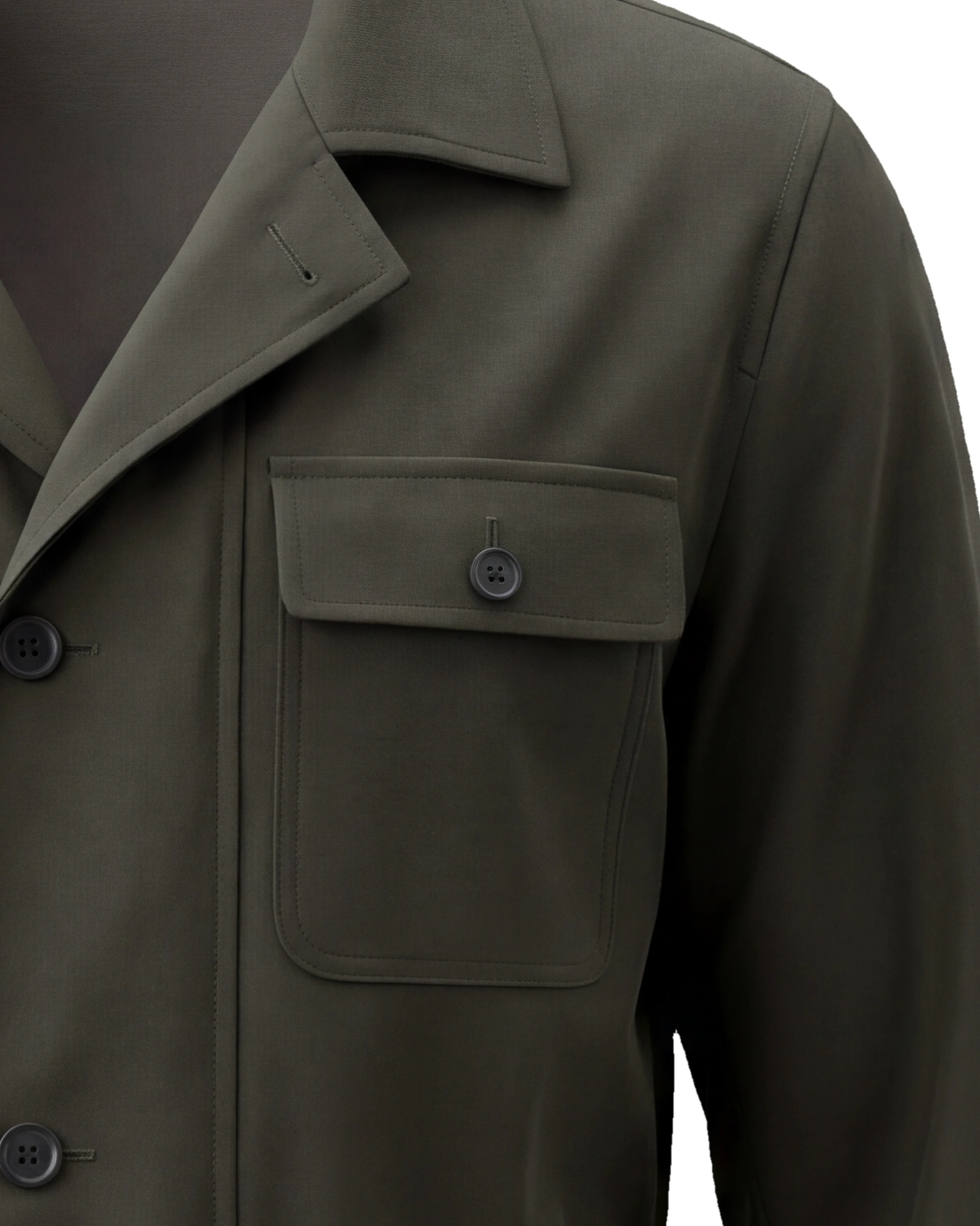 Mørk oliven Field jacket AW26, nærbillede af lommen