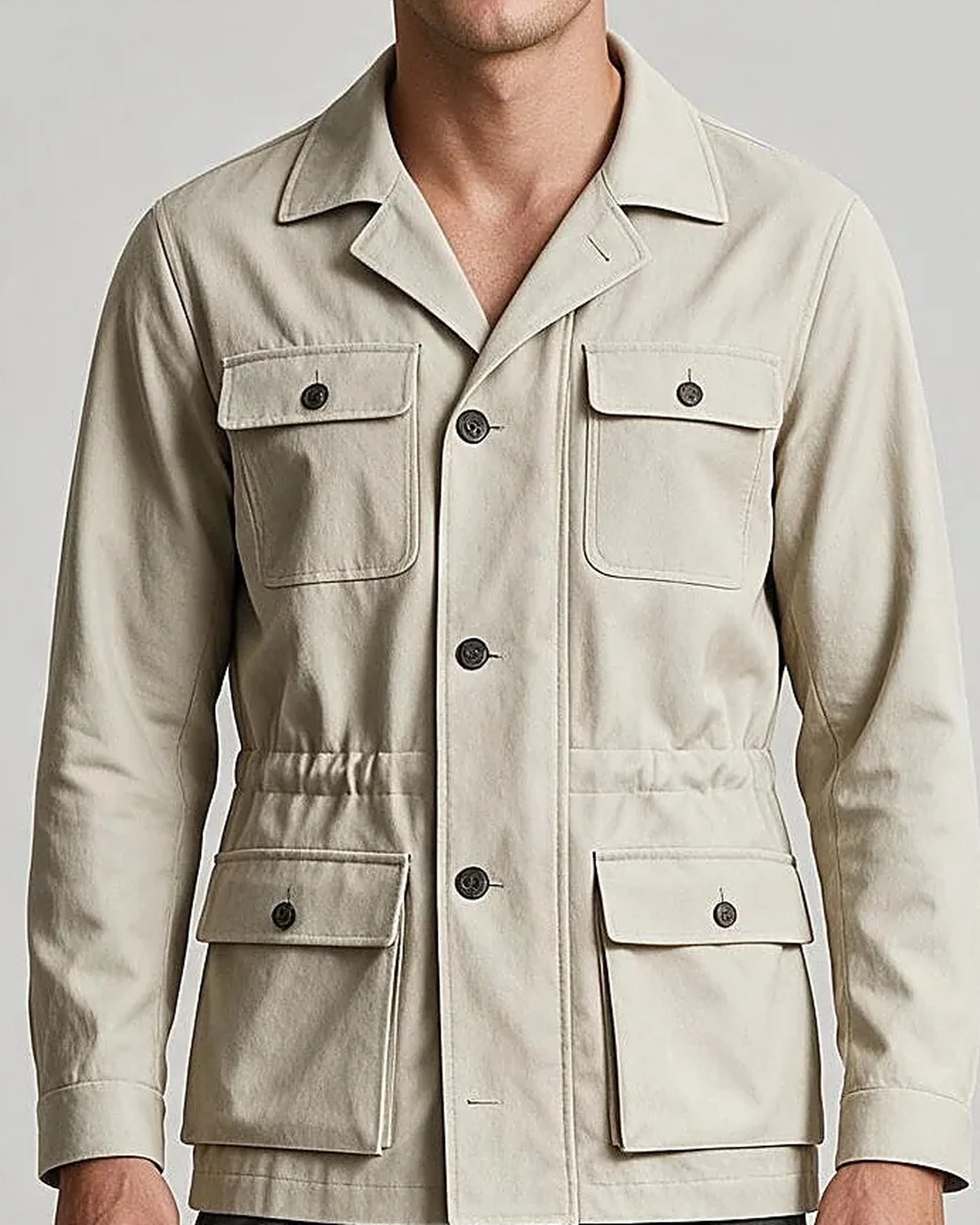 Sandfarvet Field jacket, detalje af kraven