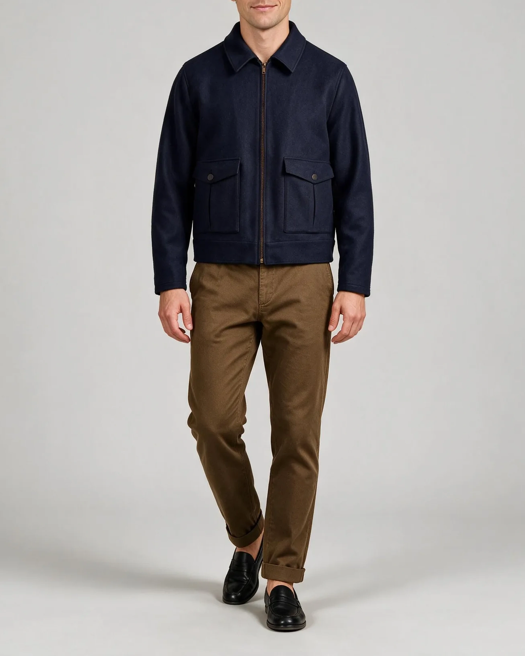 Navy Merino Wool and Cashmere Flight Jacket, on model