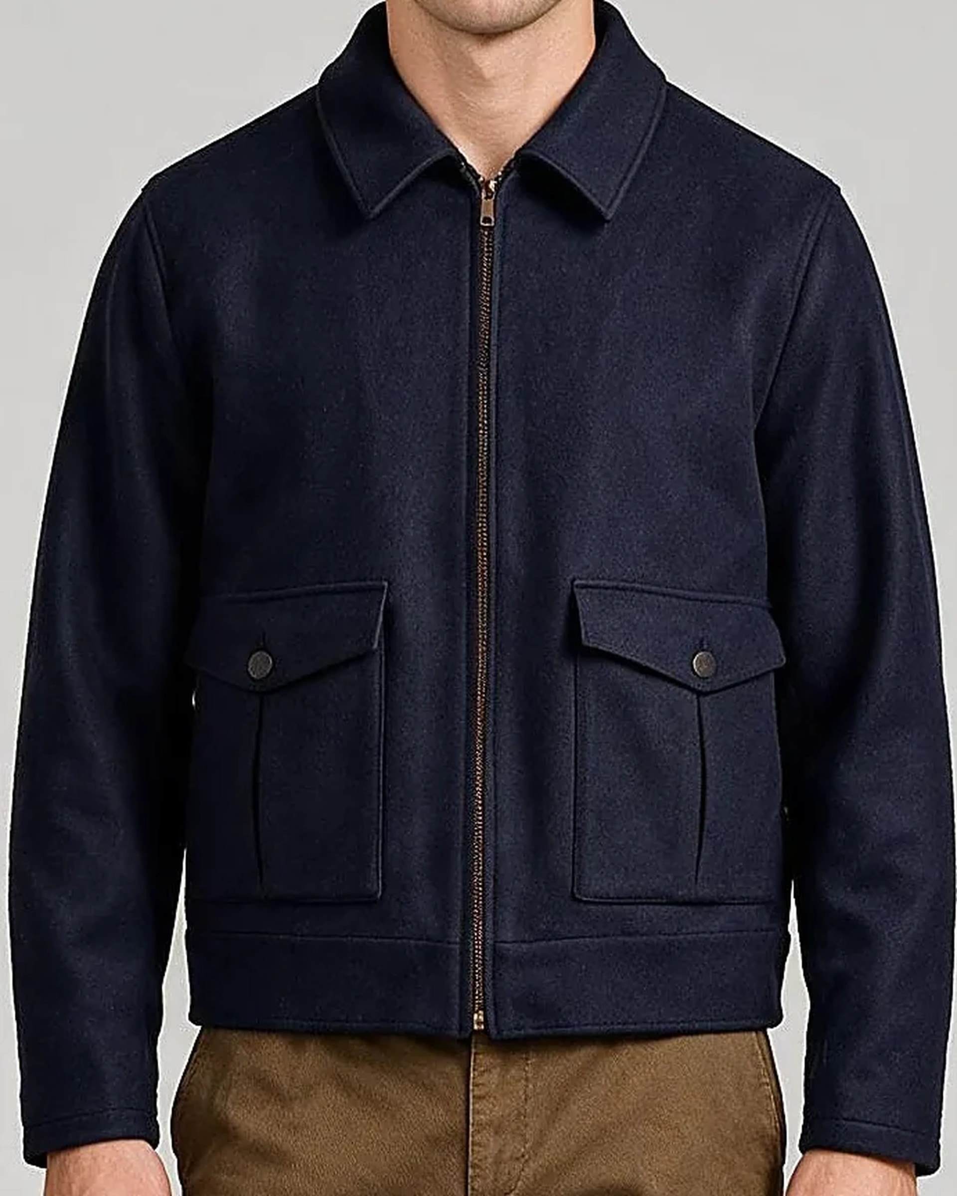 Navy Merino Wool and Cashmere Flight Jacket, collar detail