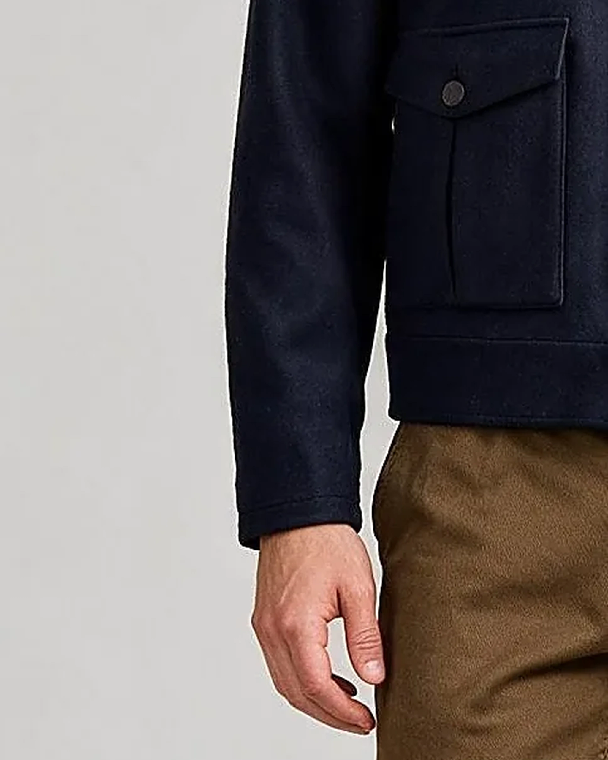Navy Merino Wool and Cashmere Flight Jacket, cuff detail