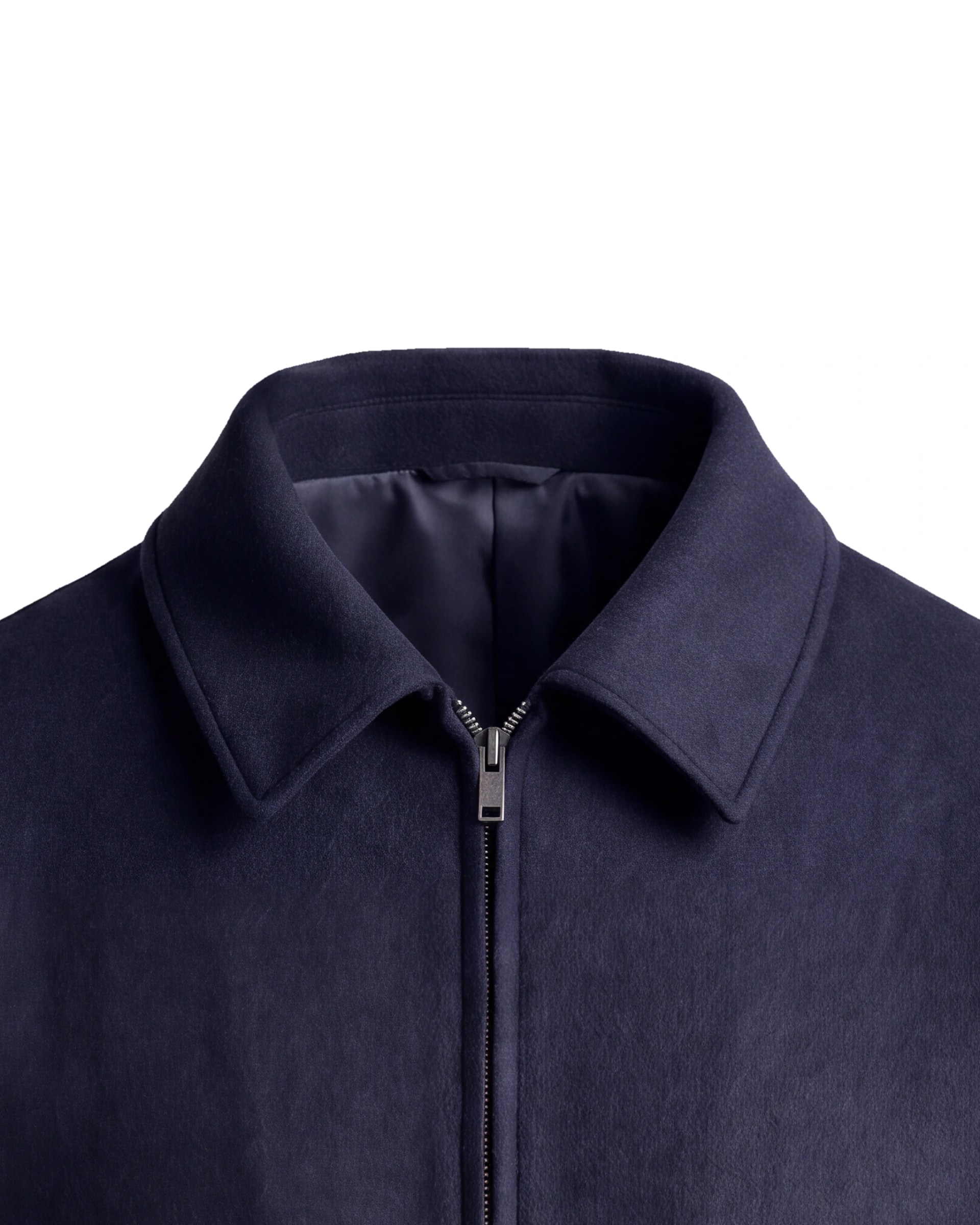 Navy Merino Wool and Cashmere Flight Jacket, collar close-up