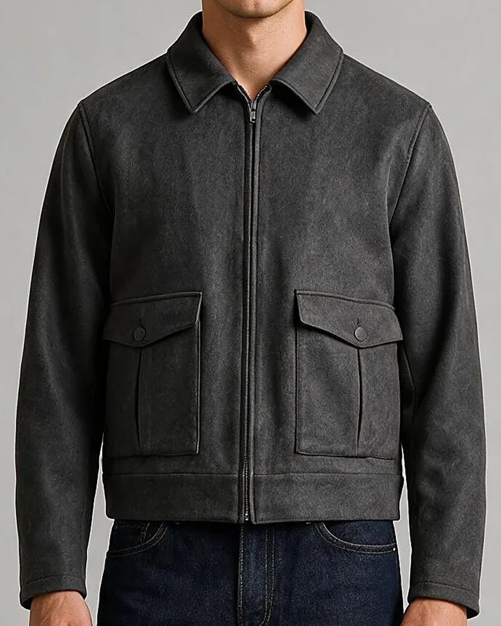 Grå Merino Uld og kashmir Flight jacket, detalje af kraven