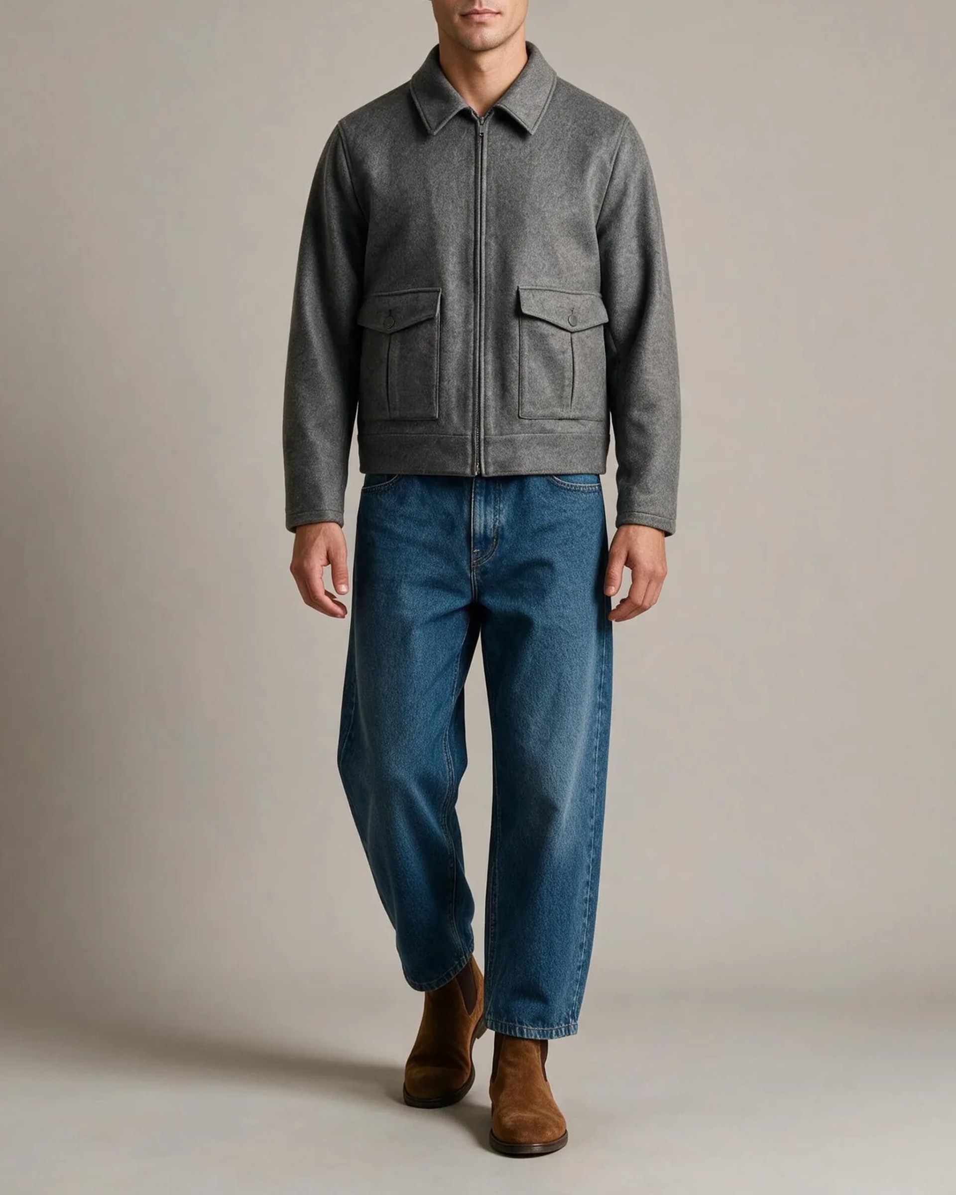 Charcoal Merino uld Flight jacket, på model