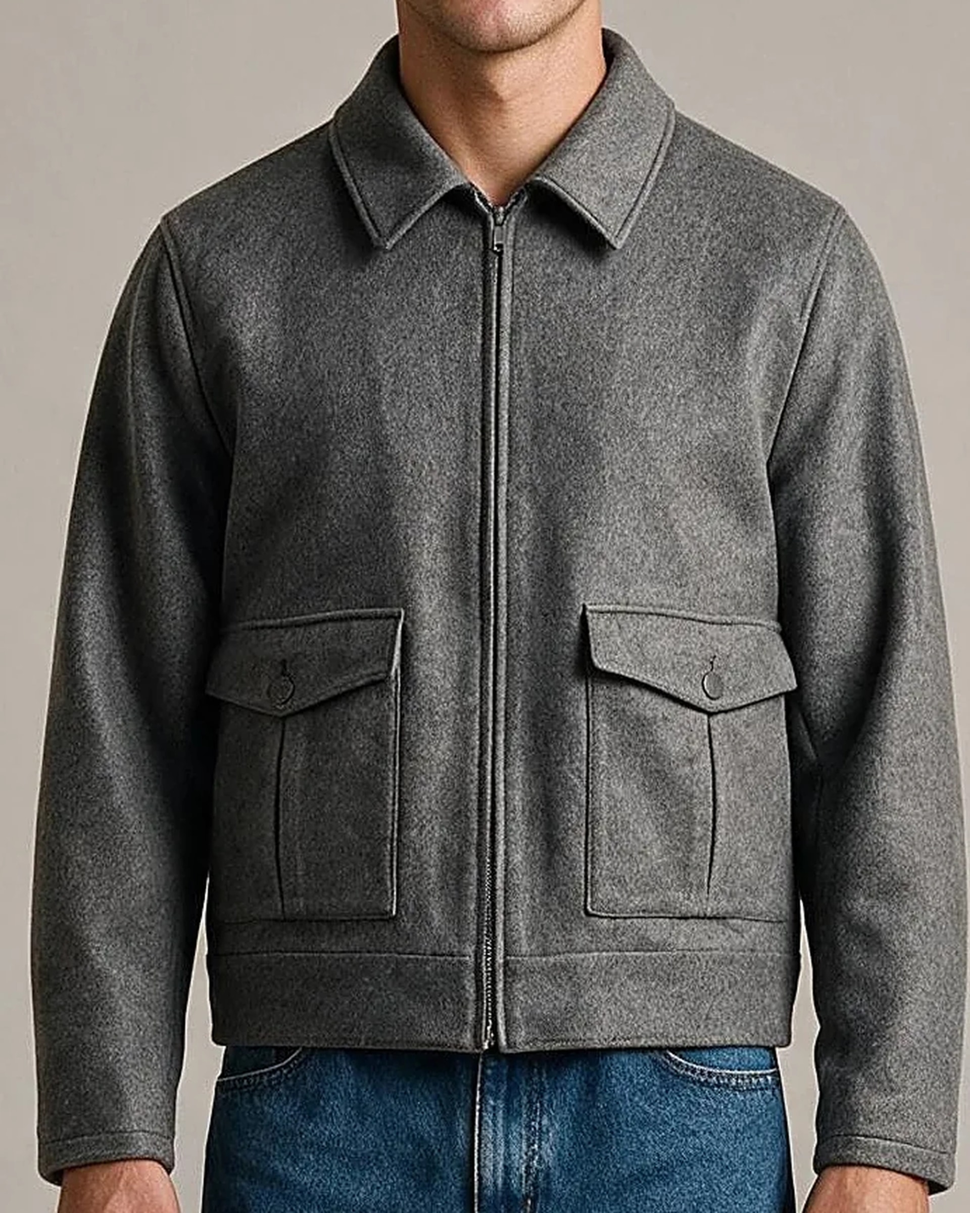 Charcoal Merino uld Flight jacket, detalje af kraven