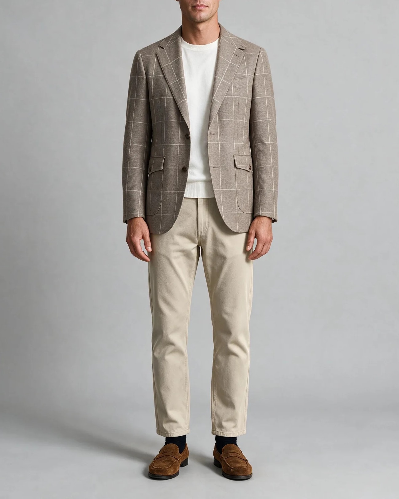 Taupe Windowpane Super 110s Blazer, on model