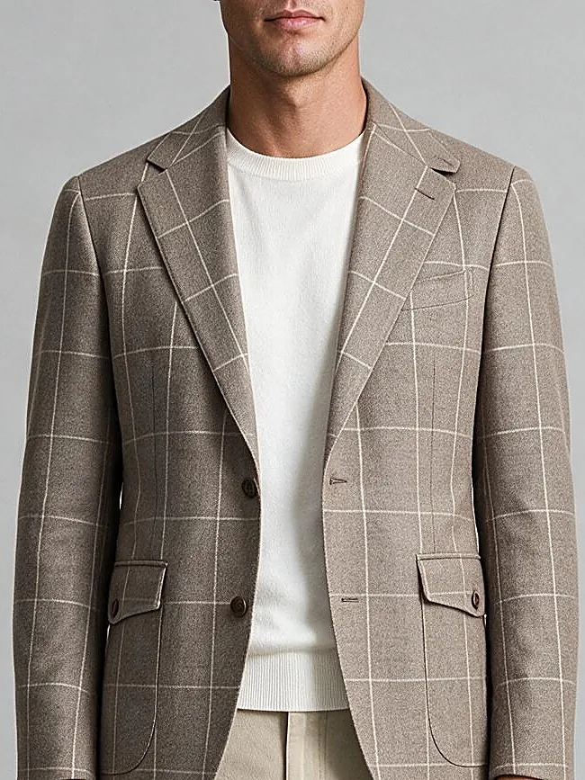 Taupe Windowpane Super 110s Blazer, collar detail