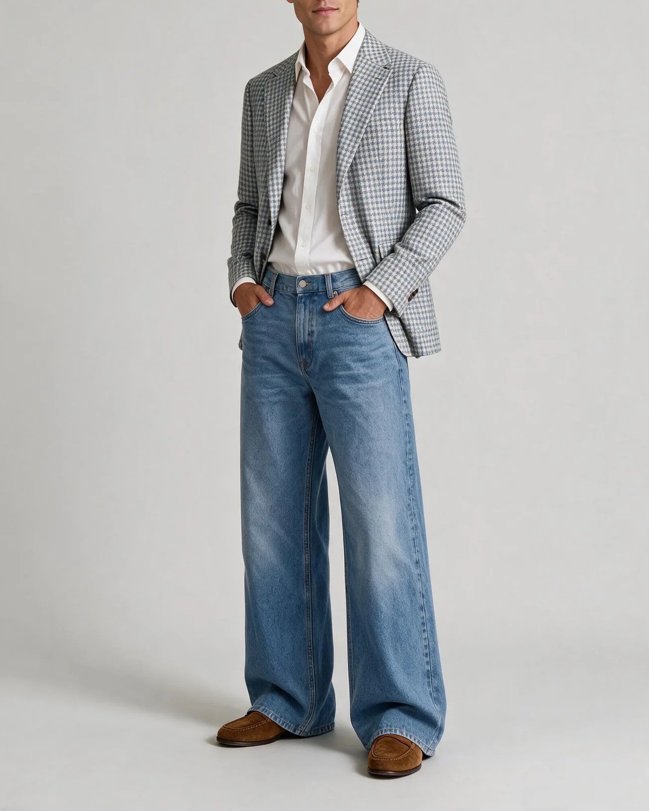 Dueblå houndstooth blazer i uld, silke og hør, på model