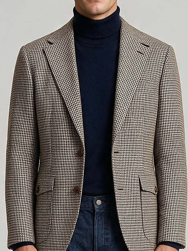 Sandbeige houndstooth blazer i engelsk uld, detalje af kraven