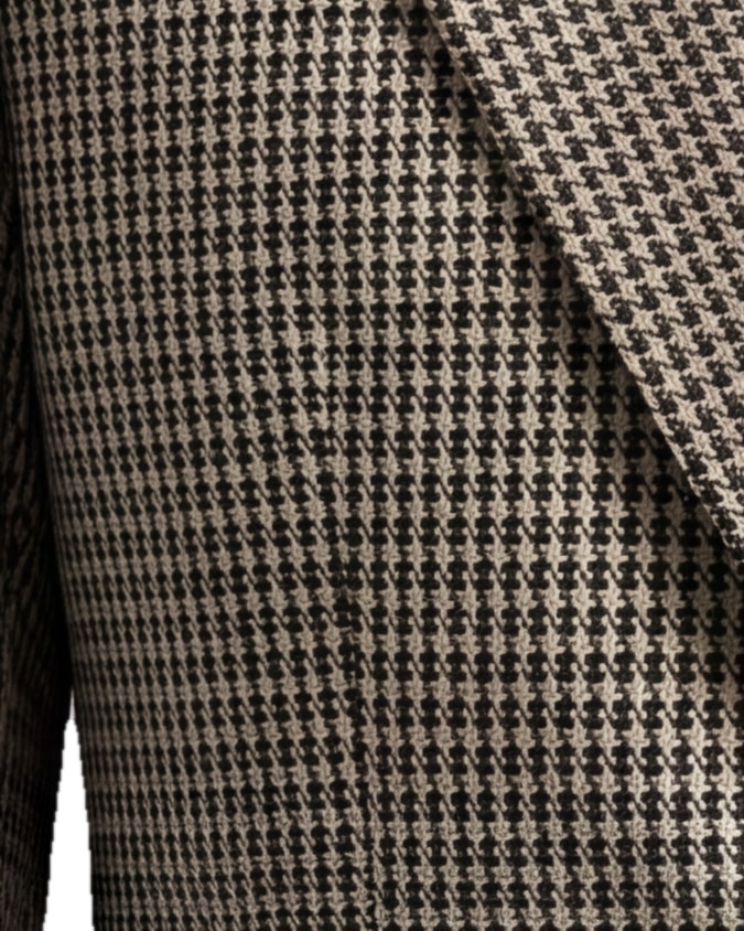 Sandbeige houndstooth blazer i engelsk uld, nærbillede af materialet