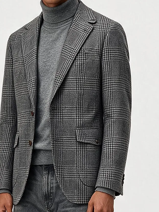 Grå glencheck blazer, detalje af kraven