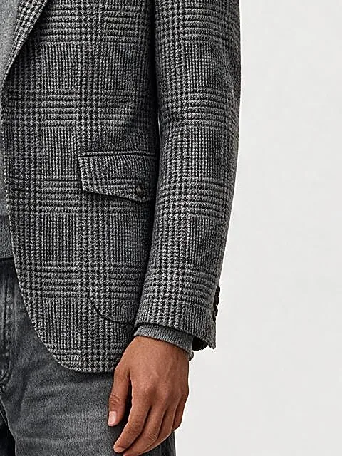 Grå glencheck blazer, detalje af lommen