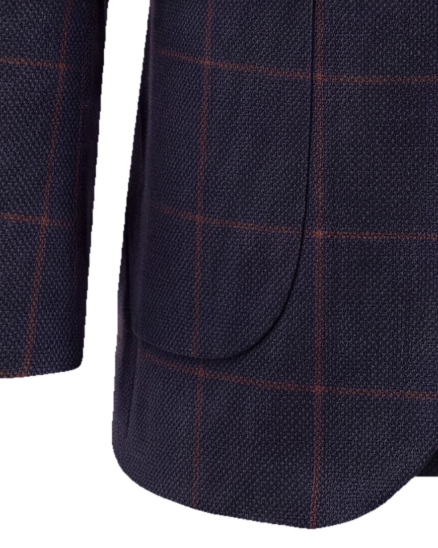 Marineblå og rødbrun windowpane blazer, detalje af manchetten