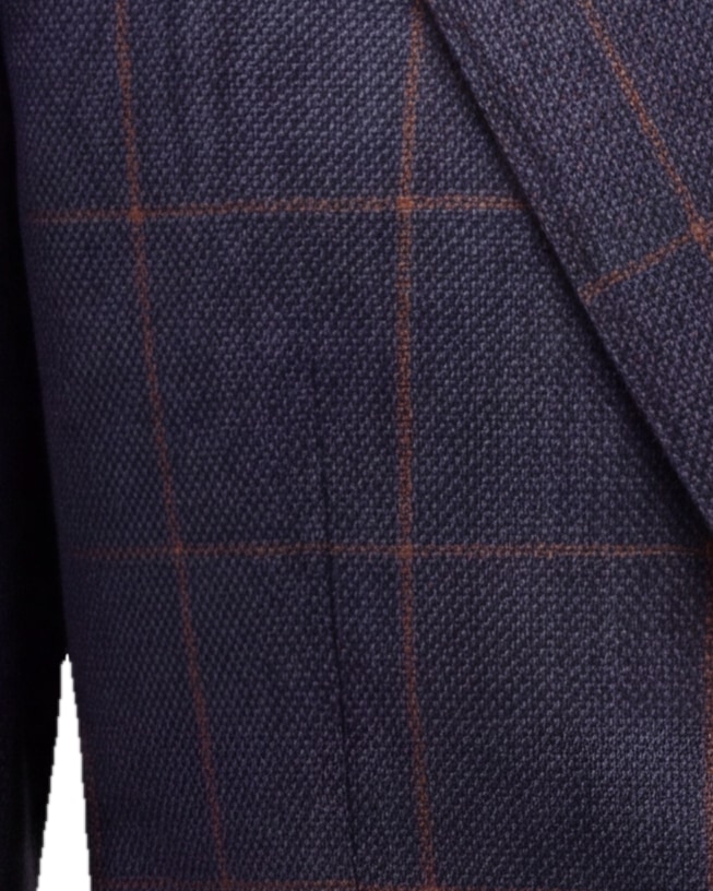 Marineblå og rødbrun windowpane blazer, nærbillede af materialet